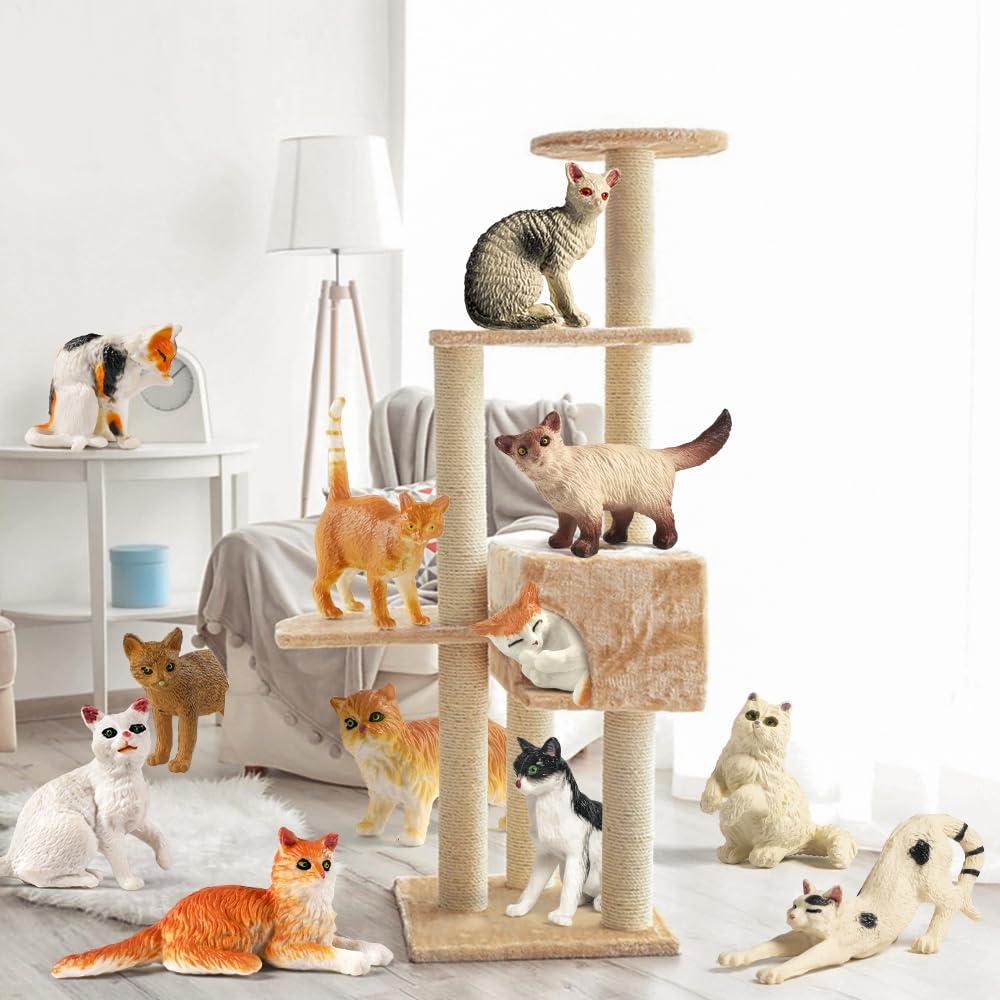 Mini Tudou Mini Tudou 12PCS Cat Figurines Set, Realistic Cat Figure Toy Set with Food Bowl,Educational Kitten Toys,Multicolor Cat Animal Figurines Toys Cake Topper Christmas Birthday Toy for Kids Boys Girls
