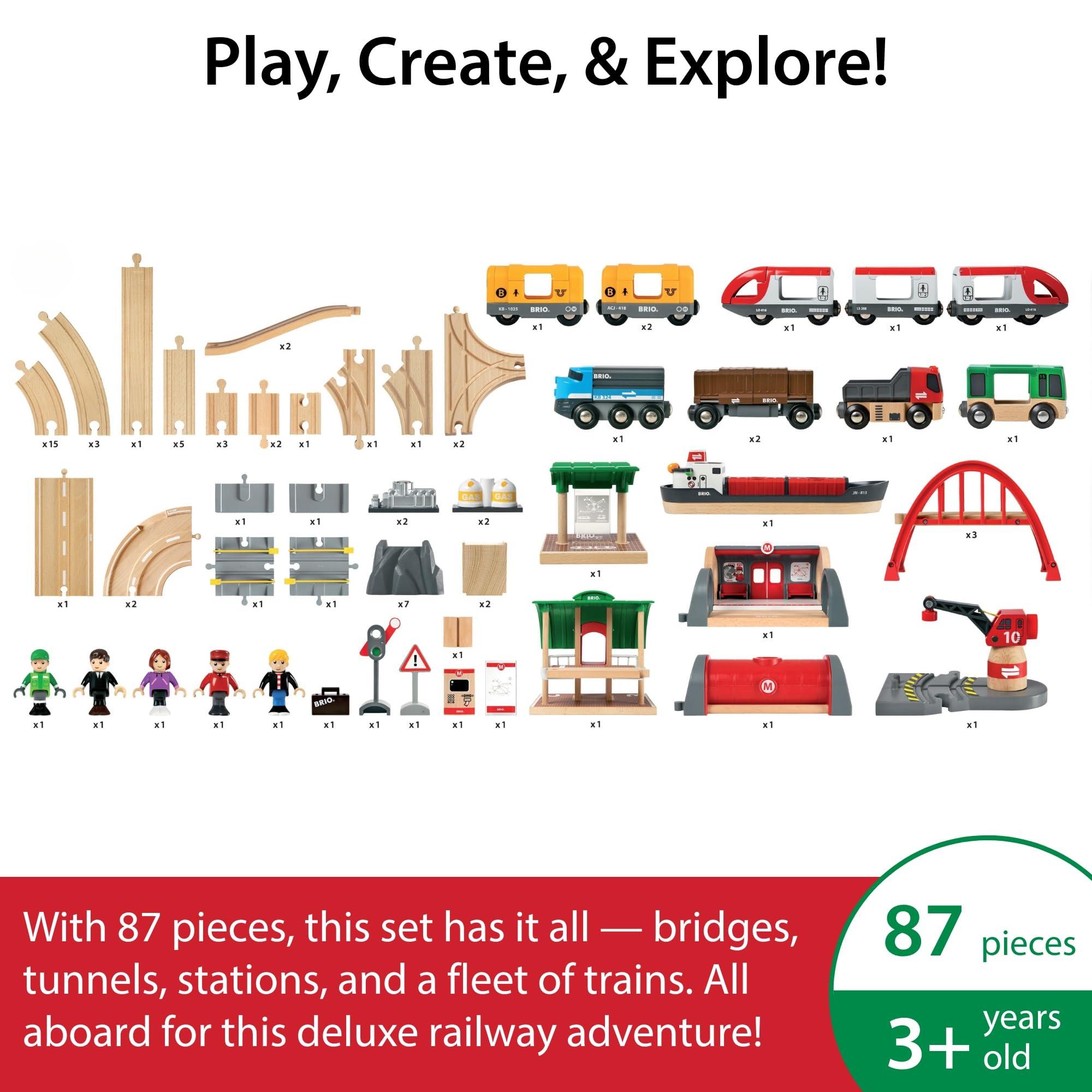 Brio BRIO World 33052 Deluxe Railway Set | Comprehensive Wooden Train Toy Set for Kids Age 3 and Up | FSC Certified Eco-Friendly Toy | Exciting Harbor and Metro Scenes
