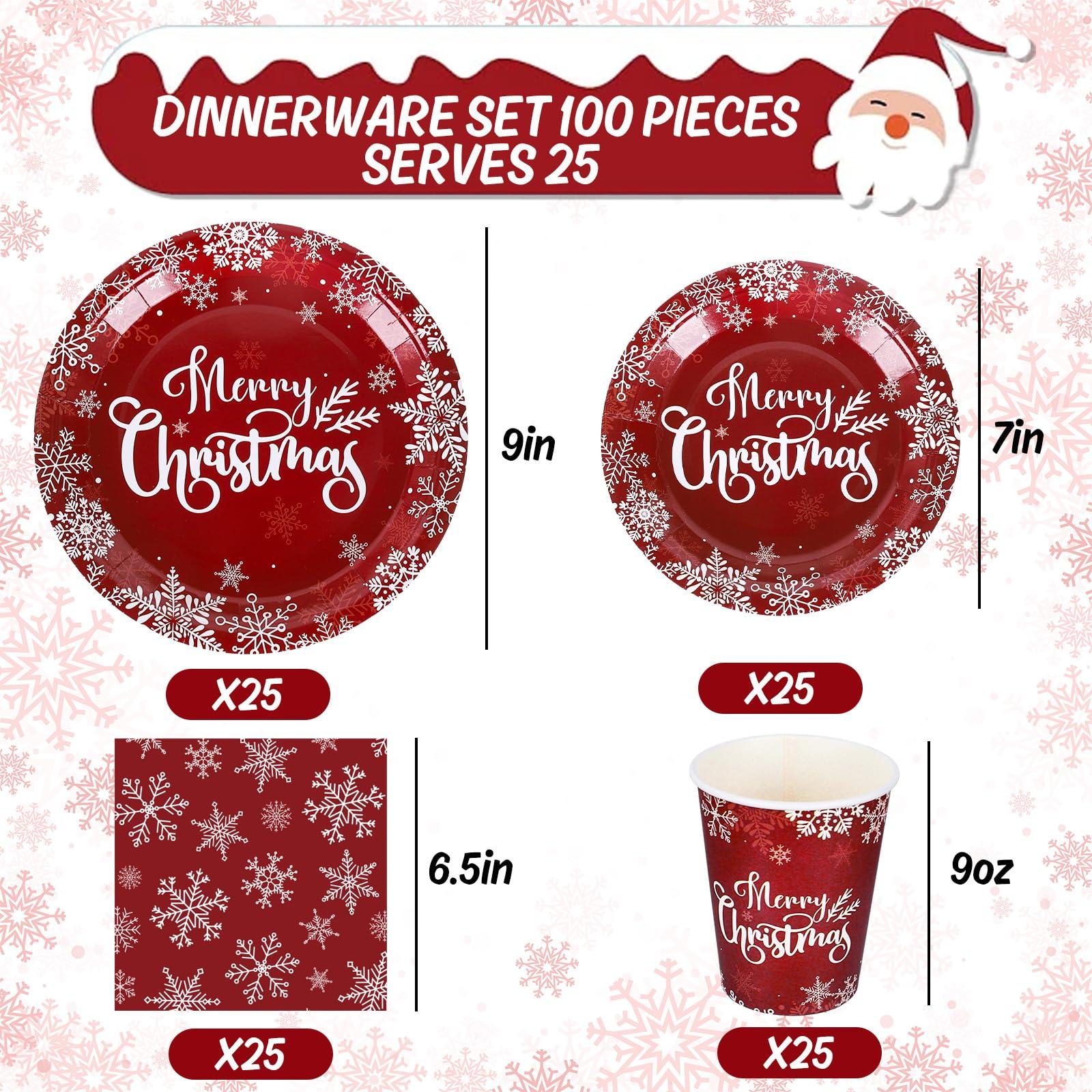 AnyDesign AnyDesign Christmas Paper Plates and Napkins 50Pcs Plates and 25Pcs Luncheon Napkins with 25Pcs Cups Red Xmas Winter Snowflake Disposable Dinner Tableware Set for Party Supply Table Decor