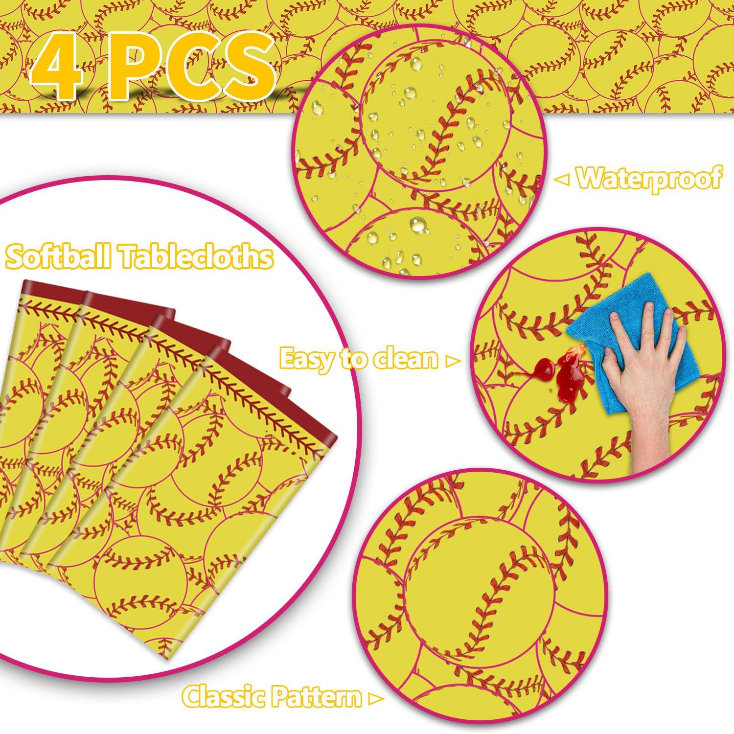 PTECDROTS PTECDROTS 4 Pcs Softball Tablecloths, Disposable Softball Party Decorations Table Covers, Softball Pattern Table Cloth for Softball Thee Sports Event Birthday Party Supplies, 51x86 Inch