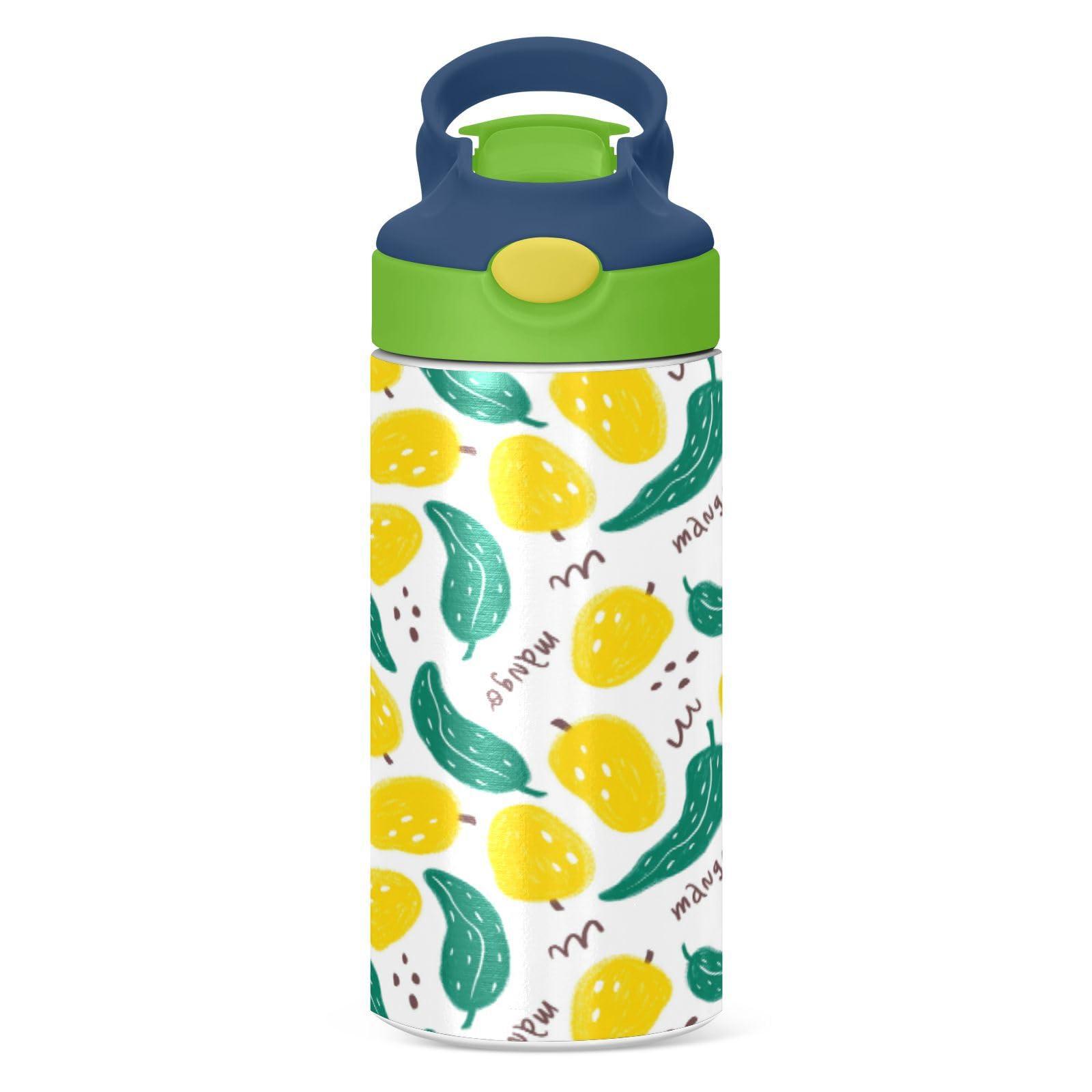 Wfrish Cute Tropical Yellow Mango Leaves Kids Water Bottle with Silicone Straw for Girls Boys Toddlers Insulated Stainless Steel with Straw Lid BPA-Free Duck Mouth Leakproof Tumbler 12 oz