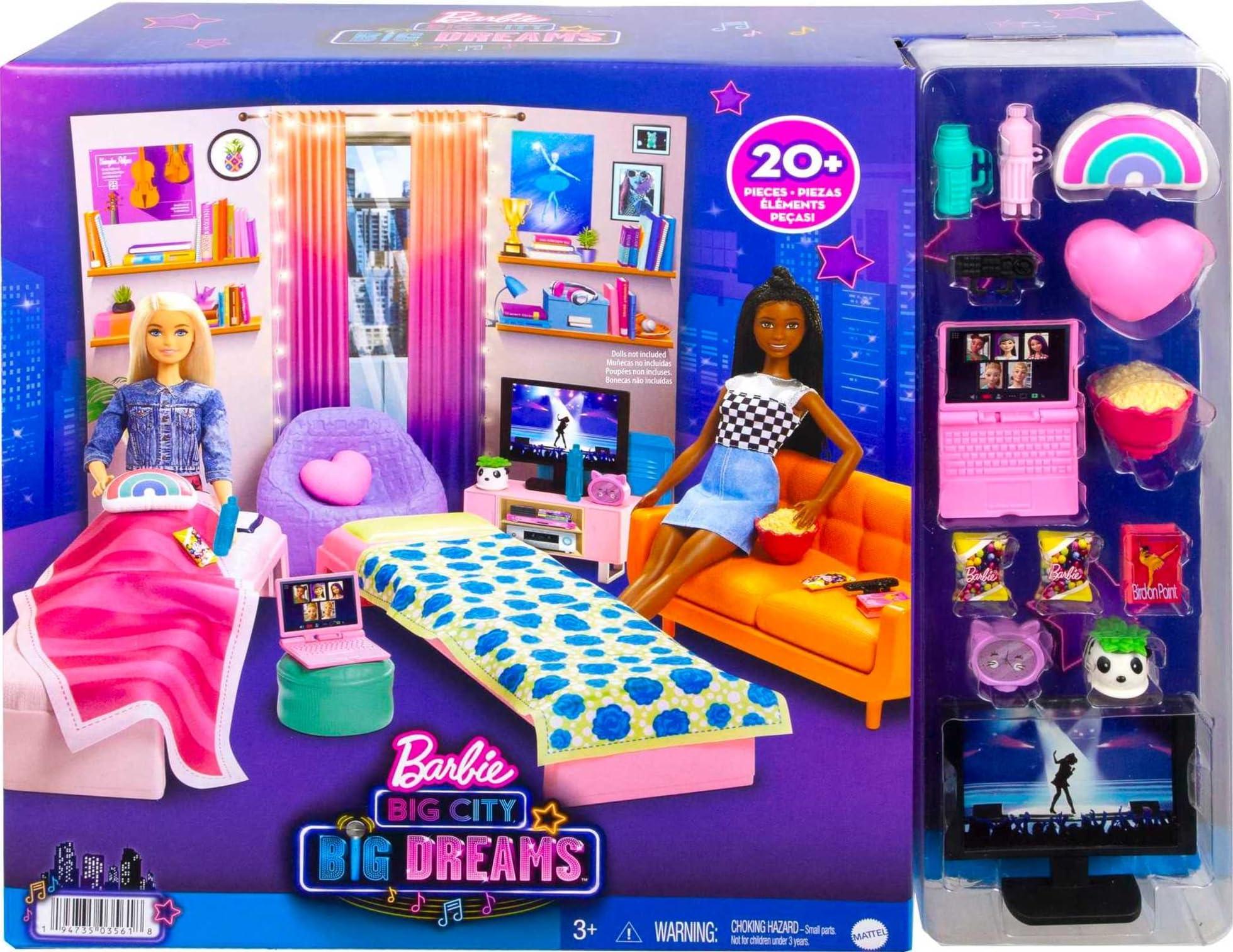 Barbie Barbie Toy Playset, Big City, Big Dreams Dorm Room Furniture & Accessories, Includes 2 Beds, Couch, Bean Bag Chair & More