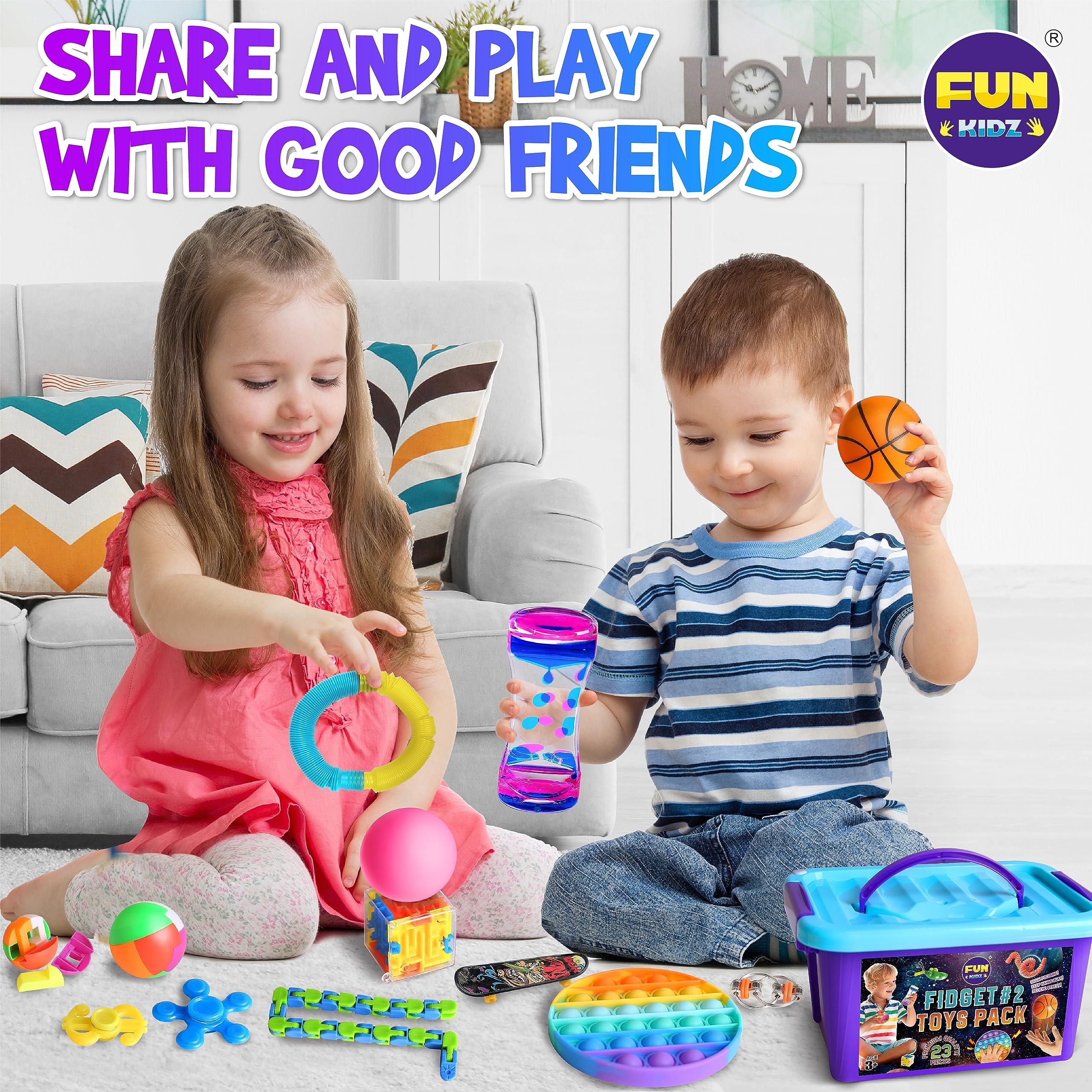 FUN KIDZ Fidget Pack Box for Boys Girls 4-12, FunKidz Fidget Toys for Kids 5-7 Autistic Sensory Mystery Birthday Gifts in Reusable Portable Treasure Box Nice Party Favors