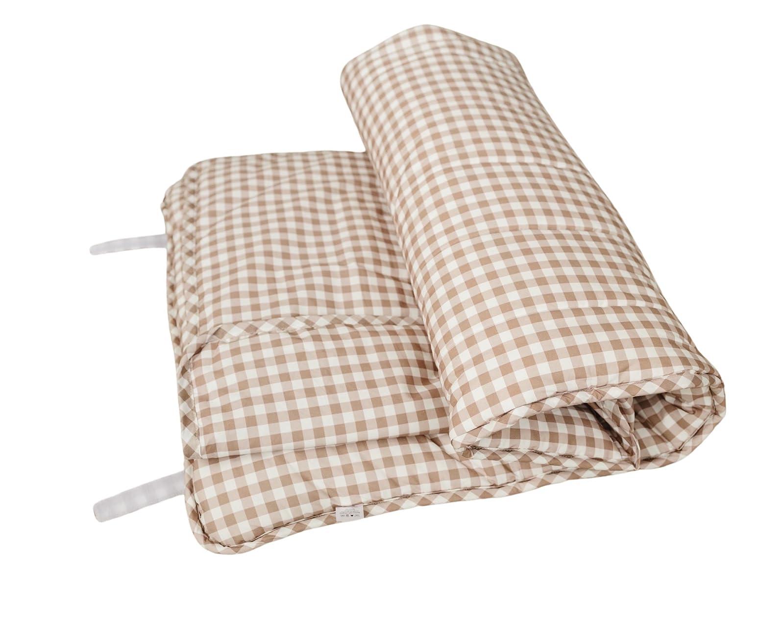 bloomere Organic Toddler Nap Mat - 100% Cotton Fabric Sleeping Mat - Sleeping Bag for Kids - Removable Pillow and Blanket 1.5 Thick Pad - Ideal for Home, Daycare, Preschool & Sleepovers. (Brown Gingham)