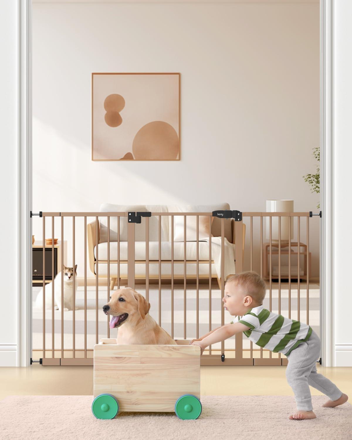keny keny 29"-55" Extra Wide Baby Gate, Pressure Mounted No Drilling Dog Gate for Stairs Doorways, Easy Walk Through Safety Gate for Babies or Pets, 30" Tall, Brown
