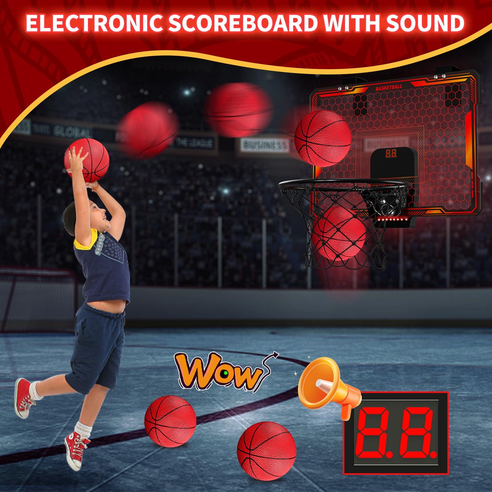 HYES HYES Remote Control Basketball Hoop Indoor with 7 LED Lighting, Mini Basketball Hoop with Electronic Scoreboard, 3 Modes, Over Door Basketball Hoop, Basketball Toys Gift for Kids, Adults (Red)