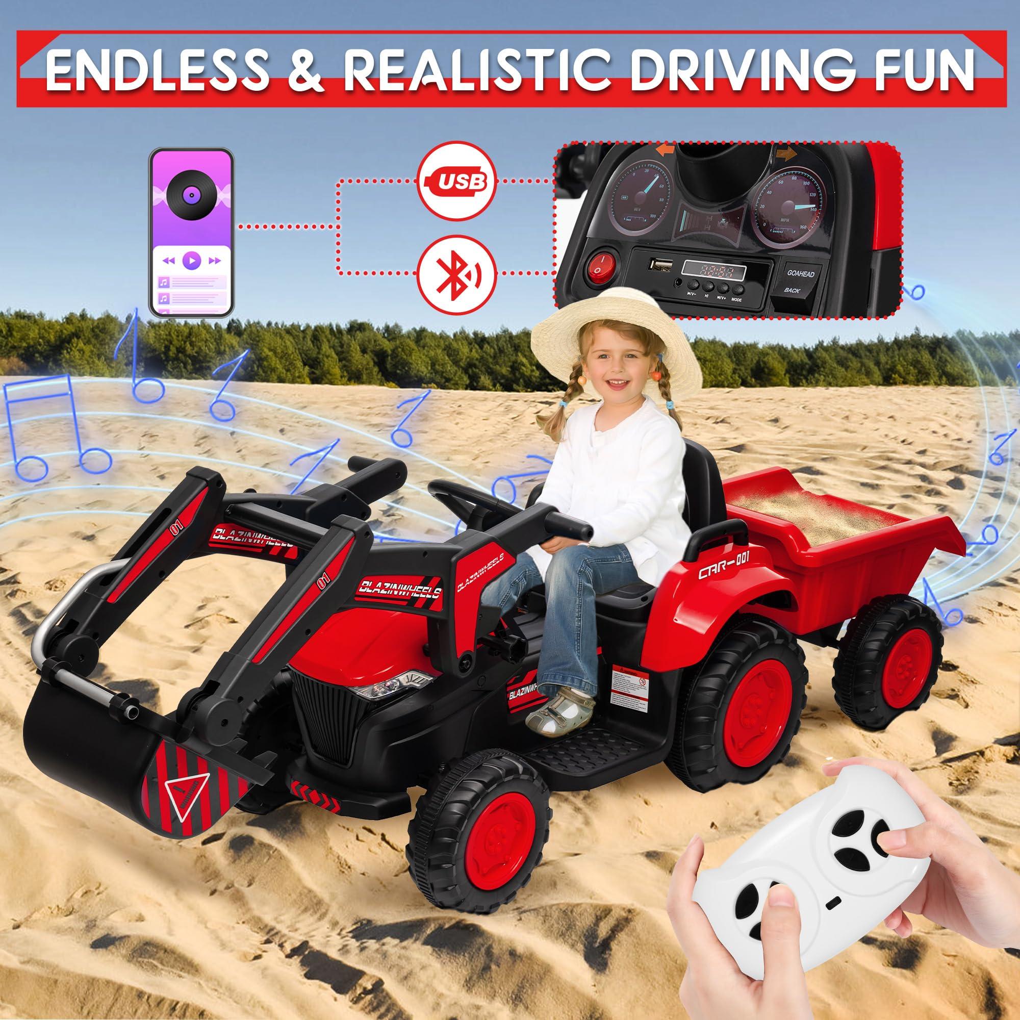 Hetoy Hetoy 12V 3 in 1 Kids Ride on Excavator & Tractor with Detachable Trailer, Kids Electric Vehicles with Remote Control, Digger, LED Lights, Music, Ride on Car Toy for Boys Girls, Red