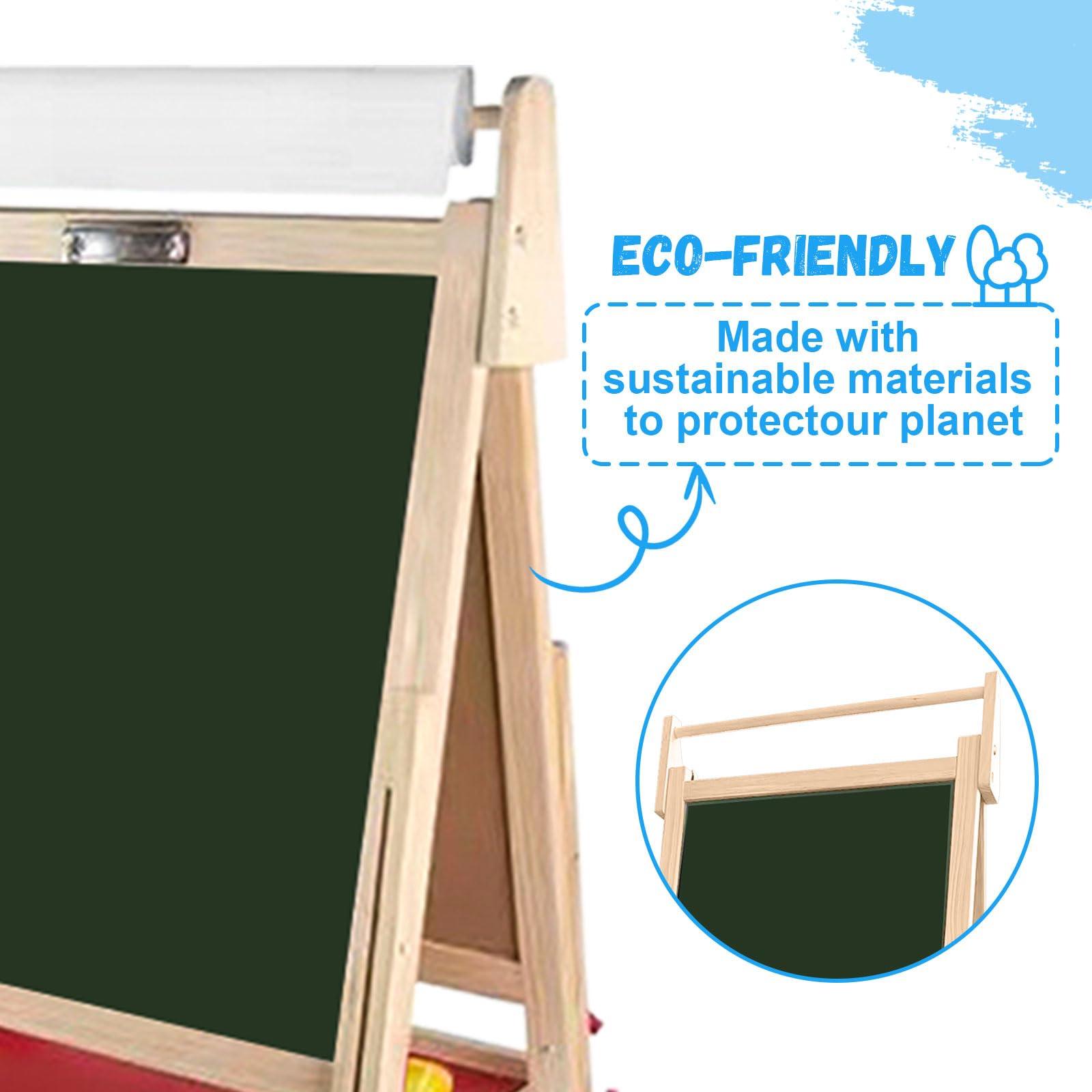 Hereinway Easel for Kids Including 100+ Accessories - White Board for Kids and Black Board Double Sided Adjustable Wooden Kids Easel with 1 Drawing Paper Roll Wooden Magnetic Drawing Board for Kids