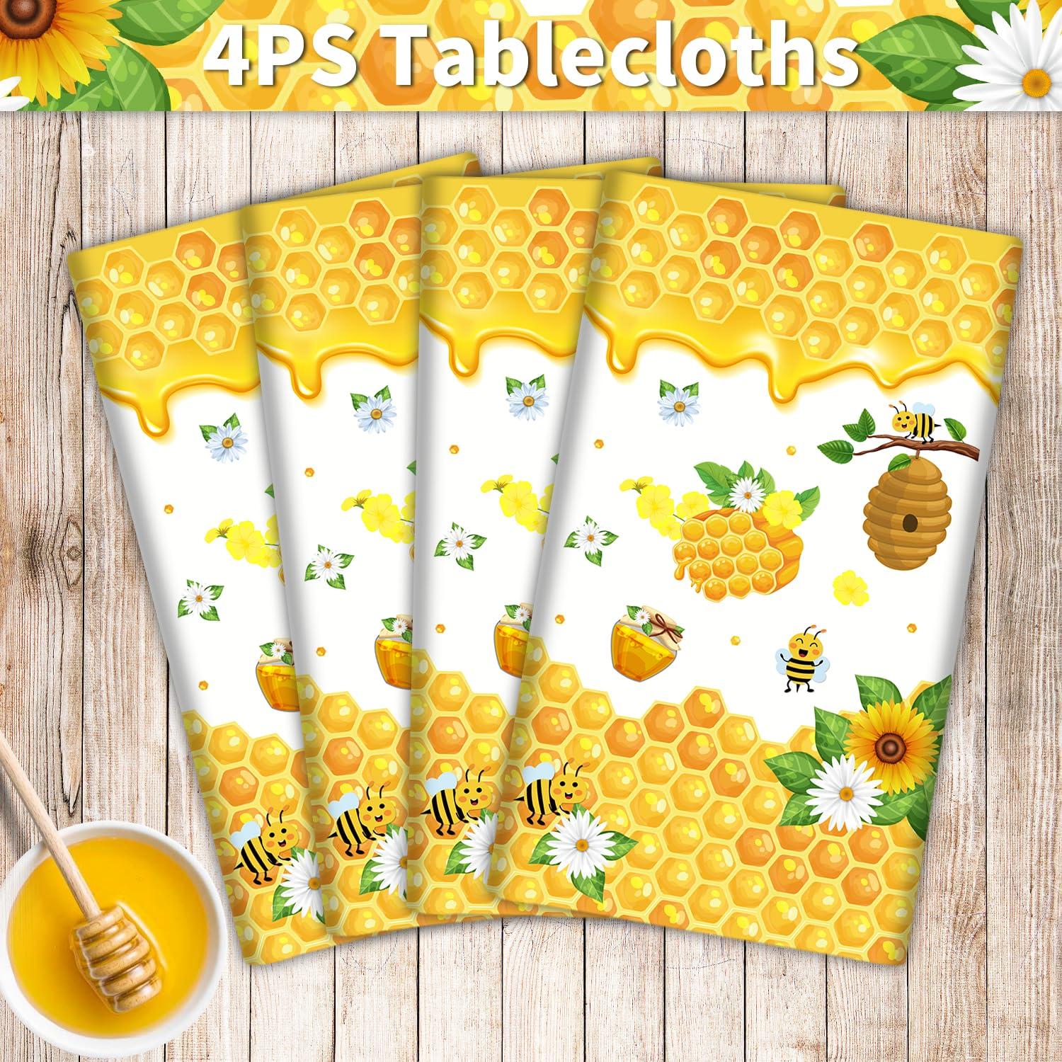 Dvaorc 4 Pack Bee Tablecloth Happy Bee Day Tablecloths Rectangle Honey Bees Bumble Table Cover Bee Theme Party Tablecloth for Bee Baby Shower Bee Birthday Party Decorations 51 x 86 Inch