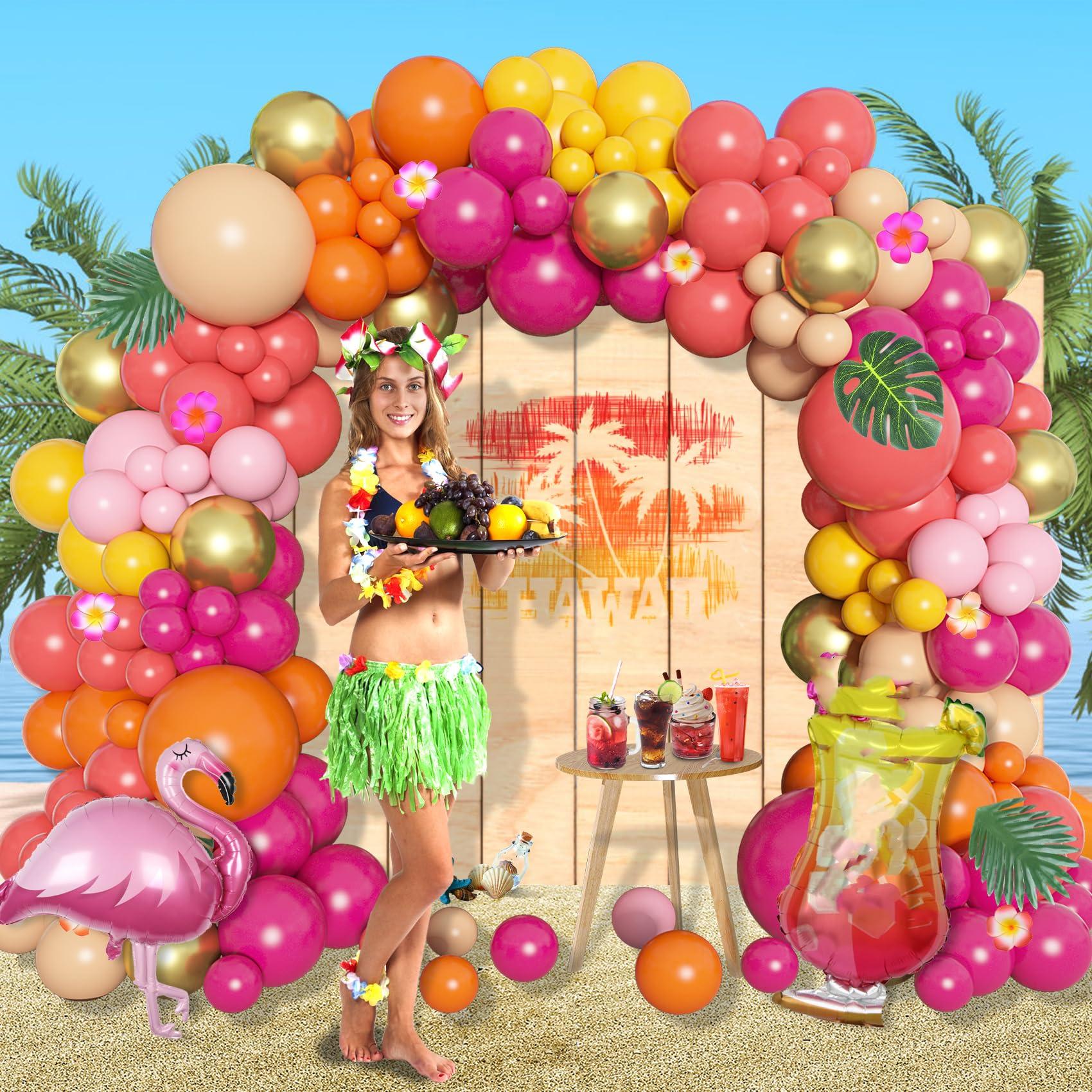 Ouddy Life Ouddy Life 178Pcs Tropical Balloons Arch Garland Kit, Luau Tropical Party Decorations with Aloha Pineapple Coconut Hot Pink Aqua Blue Balloons & Palm Leaves for Hawaiian Summer Birthday Supplies