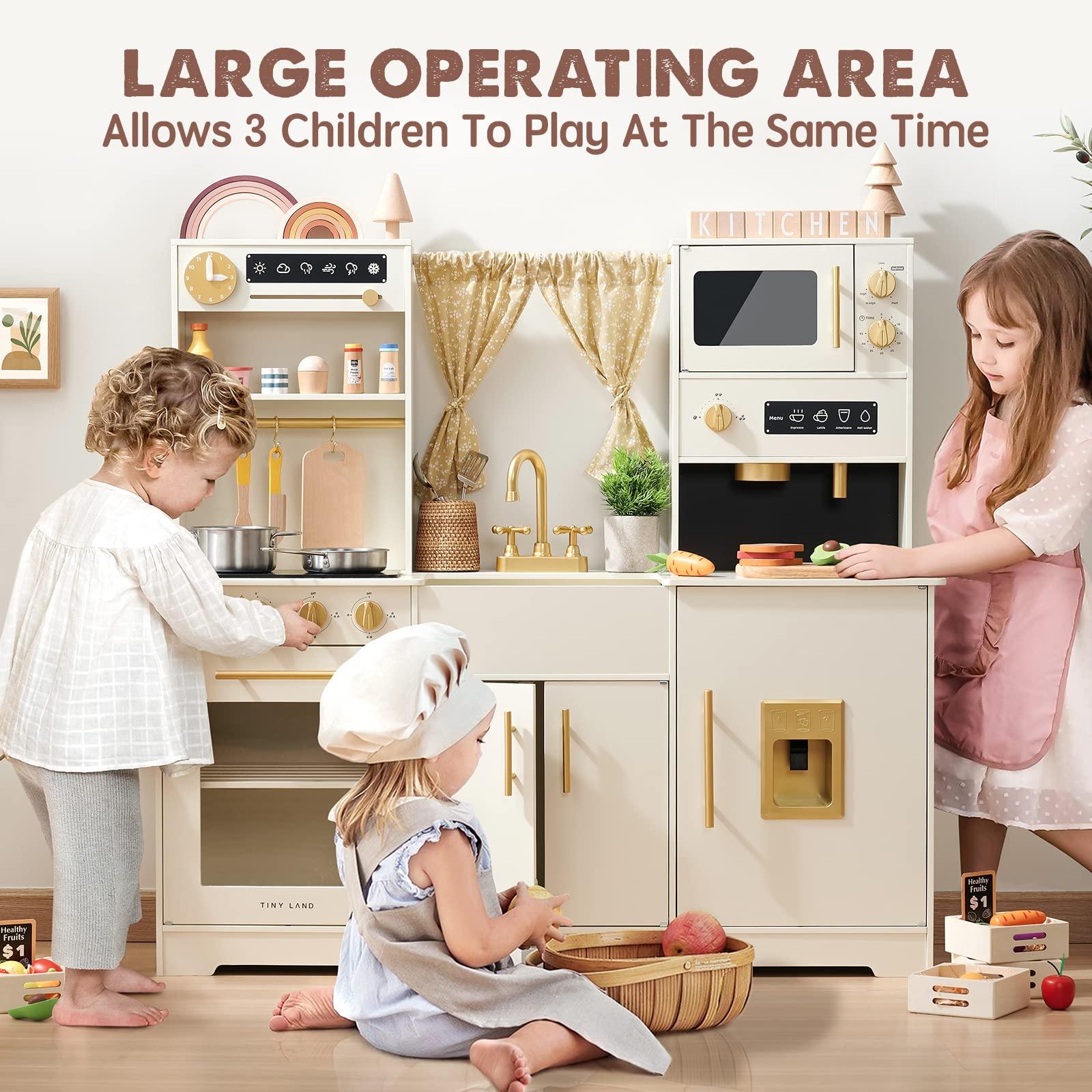 Tiny Land Tiny Land Play Kitchen for Kids, Toy Kitchen Set with Plenty of Play Features, New Modern Kids Wooden Play Kitchen Designed in Trendy Home Style with Curtains, Gift for Ages 3+