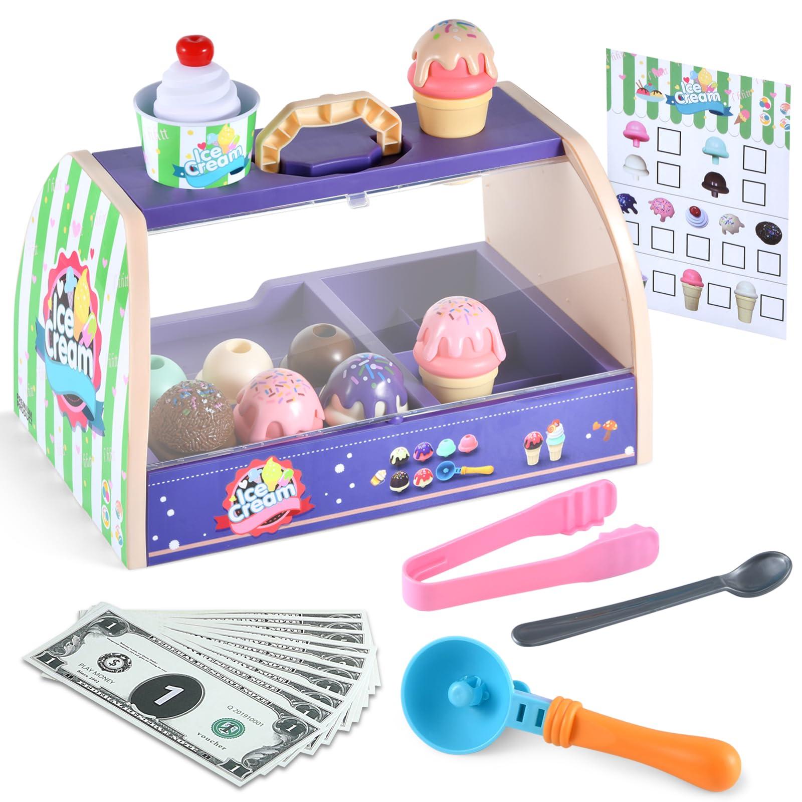 FRIEET Ice Cream Toys for Kids, Toddler Pretend Play Kitchen Food Accessories, Ice Cream Counter Playset, Pretend Food Toys for 3 4 5 6 Year Old Girls & Boys, Christmas Birthday Toys Gift for Kids