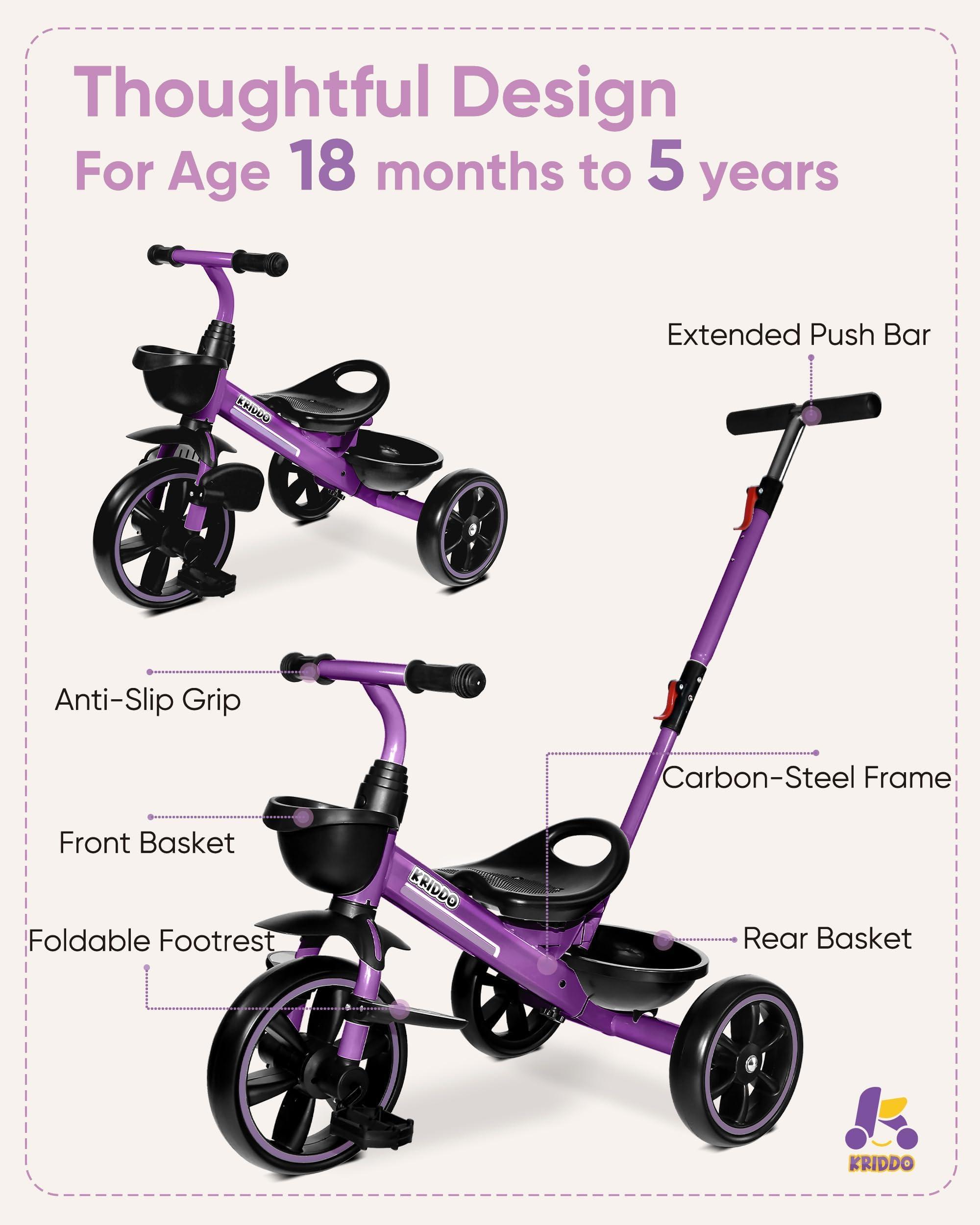 KRIDDO KRIDDO 2-in-1 Toddler Tricycle for Ages 18 Months to 5 Years Old - Extended Push Handle for Effortless Push, Gift Trike for Toddler 3 to 5 Year, Kids Tricycle with Foldable Front Footrest, Purple