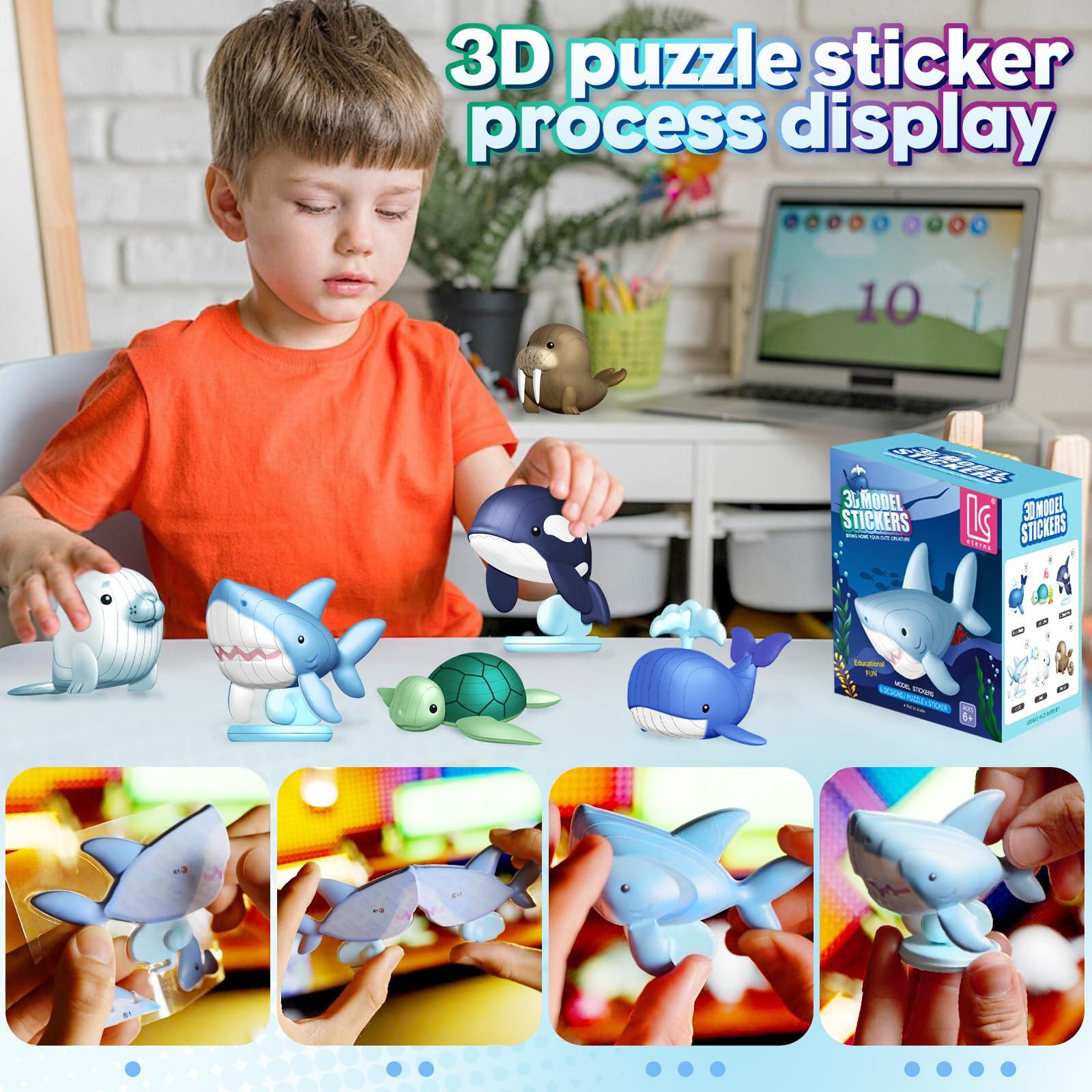 LC eterna 3D Sea Animals Puzzle, 3D Puzzles for Kids, 6 PCS Water Proof Animal Stickers, Mini Ocean Animals Toys Gifts for Boys Girls Kids