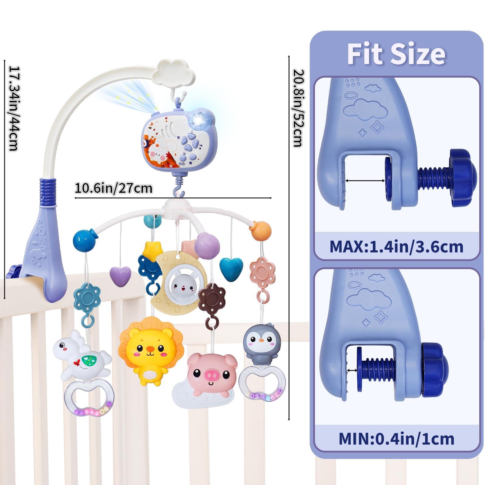 HCFJEH Baby Mobiles for Cribs, Crib Mobile with Music and Lights, Nursery Musical Mobile for Bassinets Hanging Toys with Remote Control, Rotation, Projection, Animal Mobile Arm Clip On for Infant Boys Girls