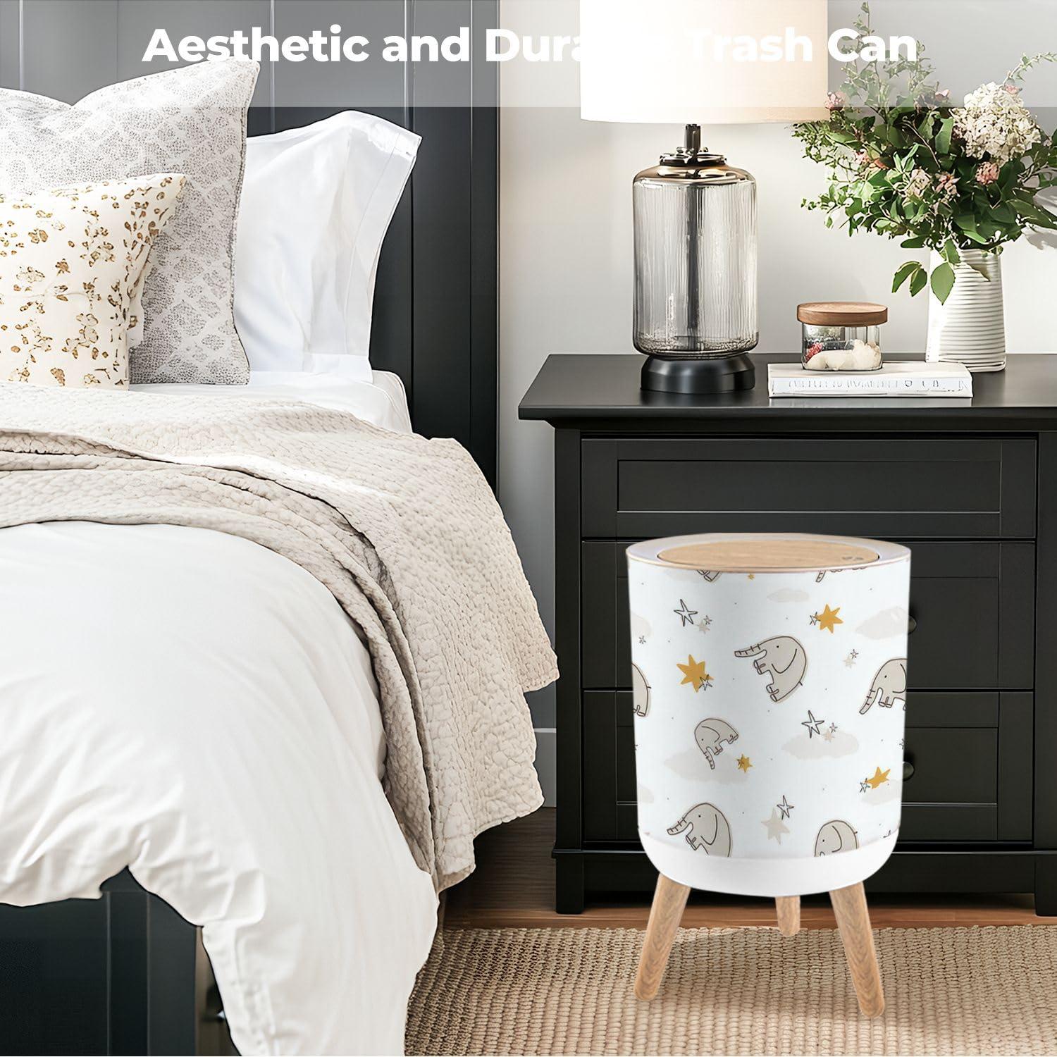 PHAIBHKERP Trash Can with Lid Nursery seamless pattern elephants stars clouds white for kids apparel Garbage Can Round Waste Bin Press Cover Dog Proof Wastebasket for Kitchen Bathroom Living Room Nursery 1.8gal