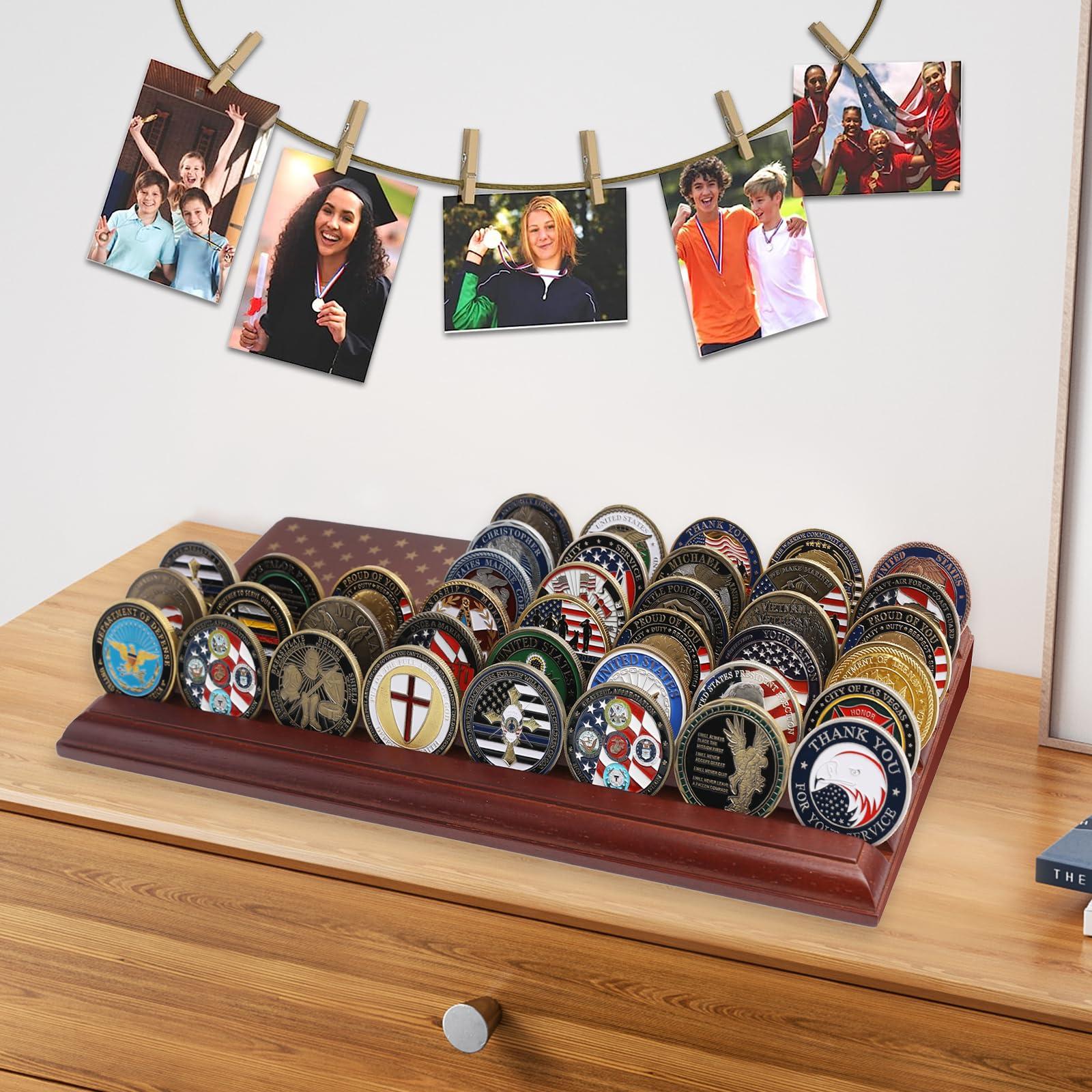 LIUYALO LIUYALO 6-row challenge coin display with United States Flag, challenge coin holder made of 100% solid wood