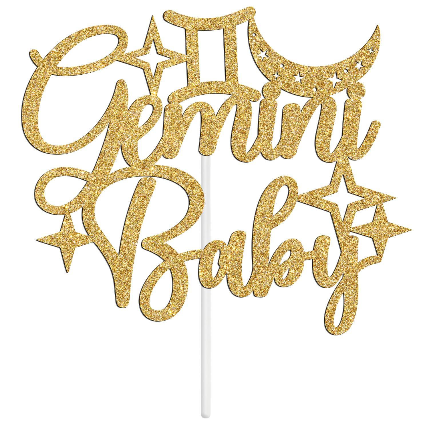 Tivurcia Gemini Baby Birthday Cake Topper - 12 Zodiac Gemini Season/Welcome Baby, Horoscope, Astrology Birthday/Baby Shower Party Decorations Supplies, Gold Glitter