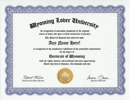 GD Novelty Items Wyoming Lover Wyomingite Degree: Custom Gag Diploma Doctorate Certificate (Funny Customized Joke Gift - Novelty Item)