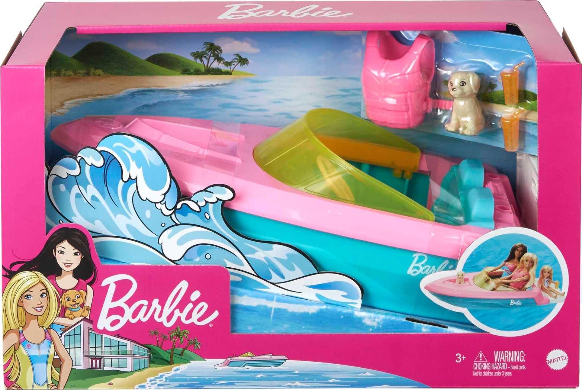 Barbie Barbie Toy Boat with Pet Puppy, Life Vest and Beverage Accessories, Fits 3 Dolls and Floats in Water