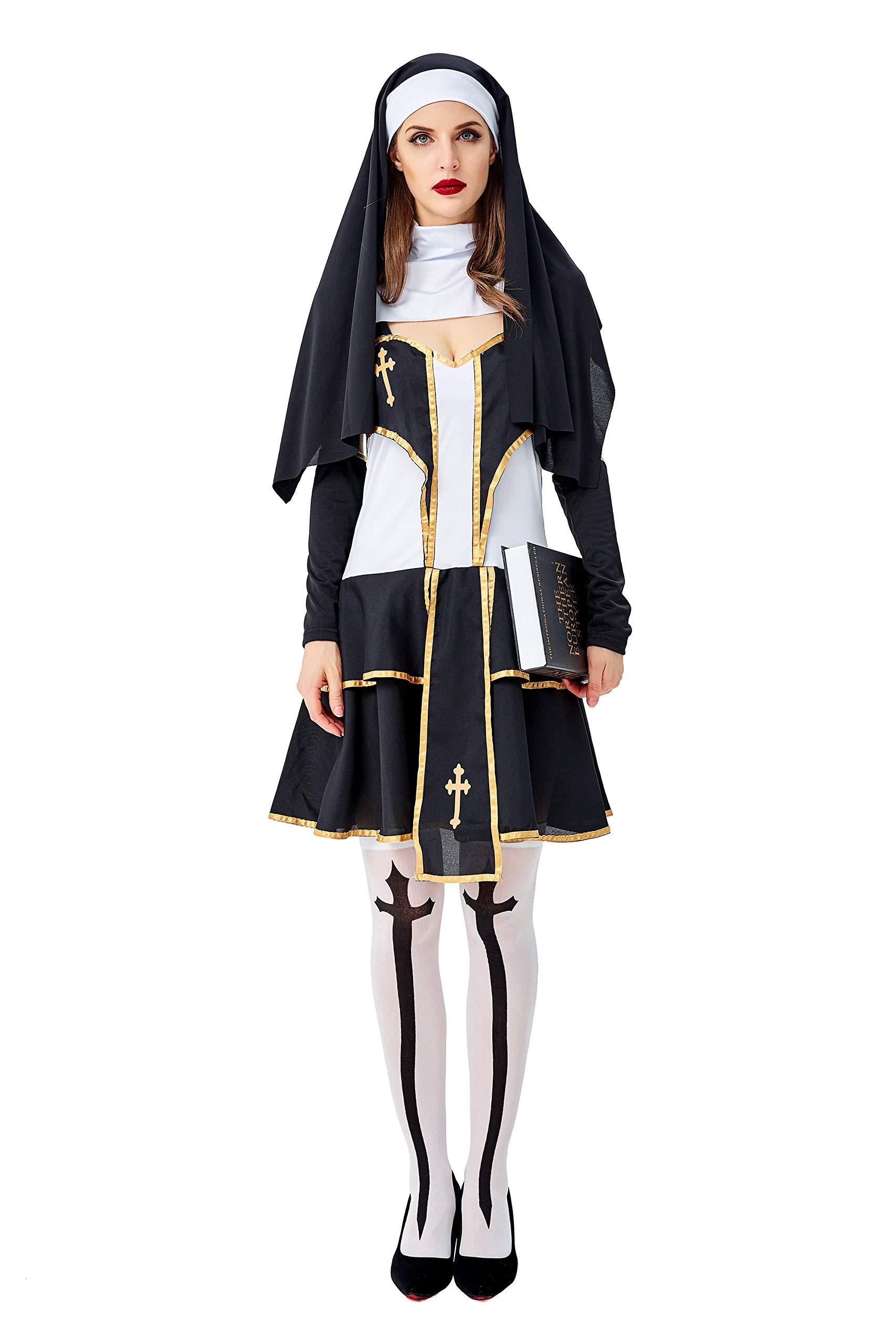 Halloween Costume Halloween Costume, Christian Missionary Pastor, Virgin Mary Sister, Role Play, Slip Dress (XL) Black/Gold