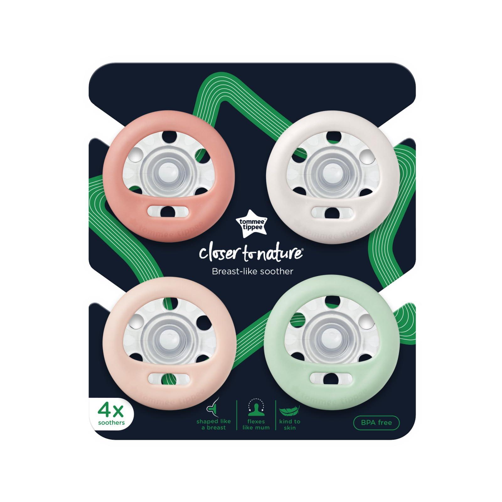 Tommee Tippee Tommee Tippee Breast-Like Pacifier, 0-6 Month Pack of 4 Pacifiers with Breast-Like baglet, Symmetrical Design, BPA Free