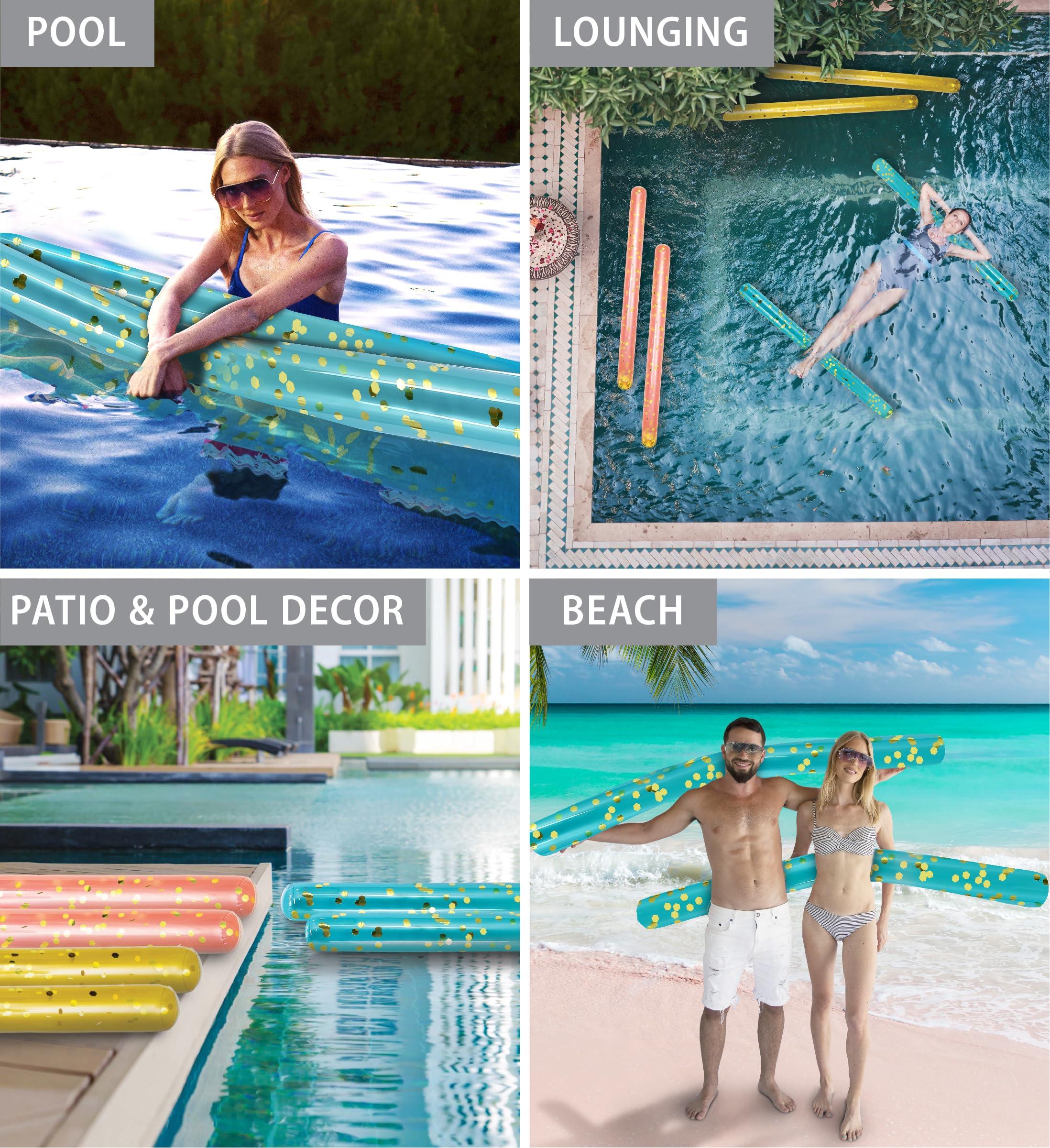 POZA POZA 2 Pack Jumbo Inflatable Pool Noodle Floats - 74-inch Premium Luxurious Giant Pool Noodle Inflatable Floats, Sparkle Blue Gold Glitter Confetti Pool Float Inflatable Noodles for Ocean, Lake, Beach