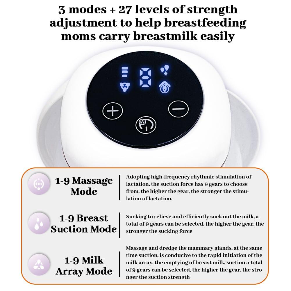 ZZDD ZZDD Double Wearable Breast Pump, Memory Function Rechargeable with Massage and Pumping Mode 24mm WhiteLCD Display, Electric Hands-Free Breast Pumps with 2 Modes, 9 Levels, 1