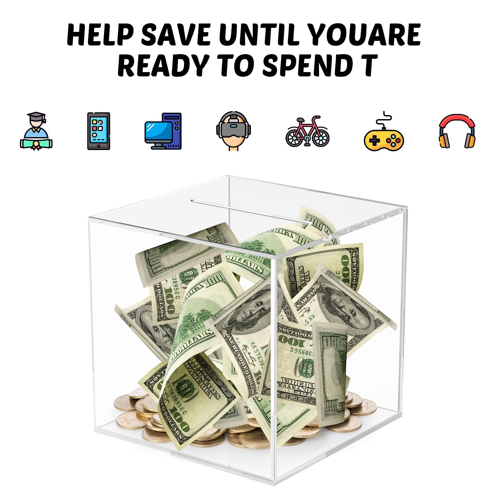 SAFIGLE SAFIGLE Clear Piggy Bank Acrylic Money Bank Transparent Coins Saving Pot Cash Container Box Coin Jar for Adults Kids Birthday Gifts Decoration 12cm