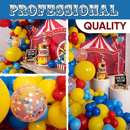 SHERYL DECOR ALL-IN-1 Circus Balloons Arch Kit & Garland for Carnival Party Decorations Theme Primary Color Balloons in Red Blue Yellow & Rainbow Confetti Baby Shower Circus Birthday Party Supplies