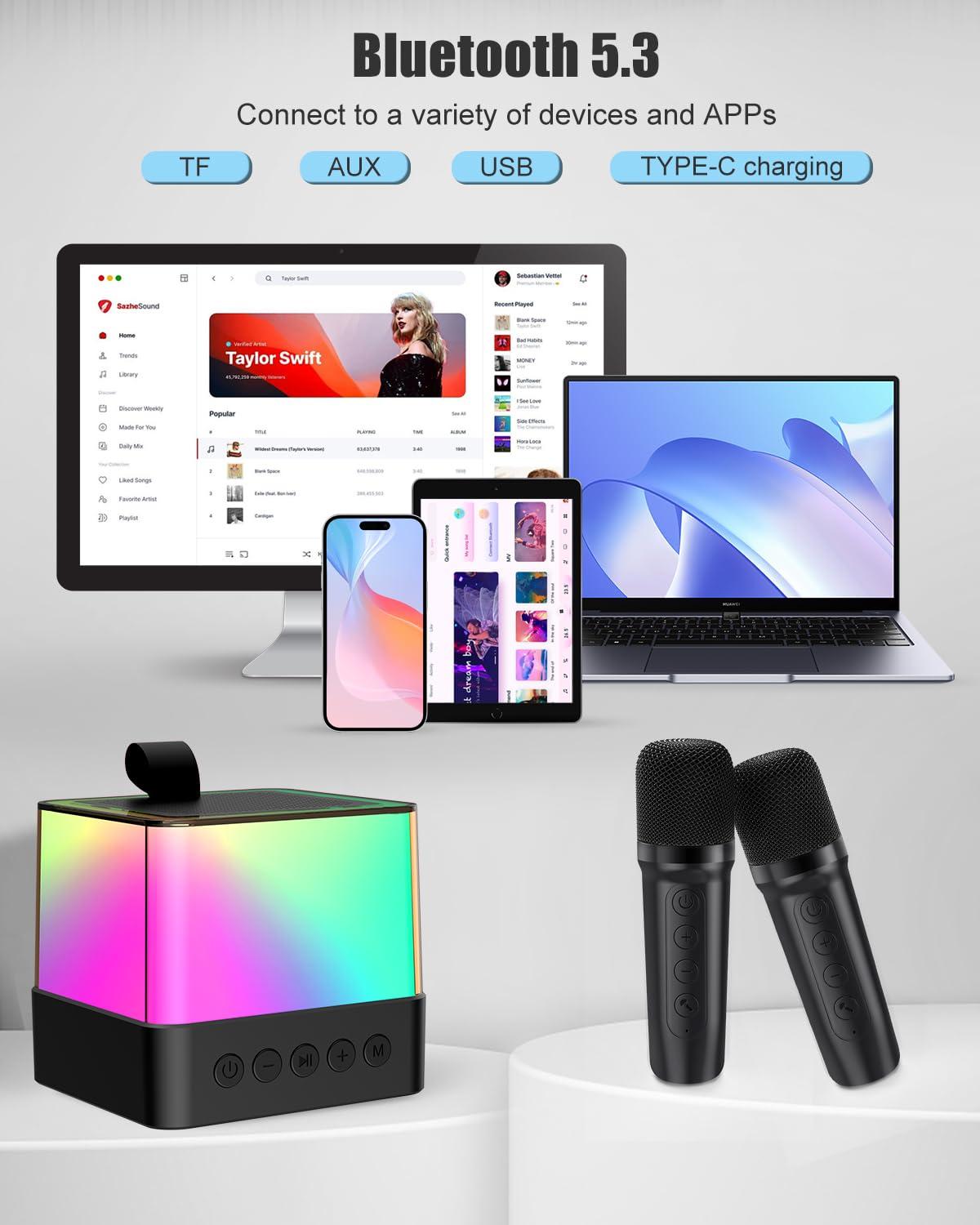 SmileSpree Mini Karaoke Machine for Kids Adults, Portable Bluetooth Speaker with 2 Wireless Microphones, Toys for Girls, Boys - Birthday Gifts for Ages 4, 5, 6, 7, 8, 9, 10, 12+ Family Home Party (Black)