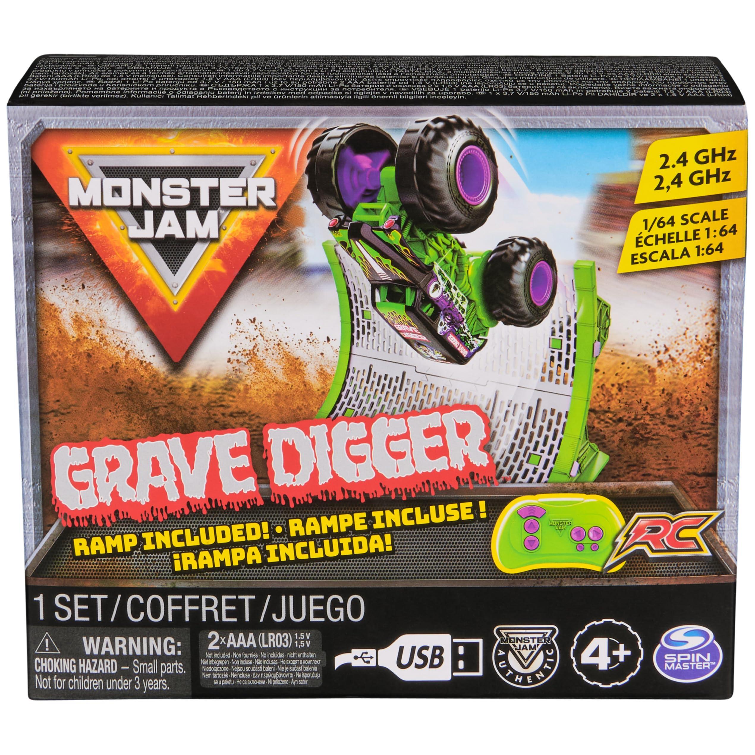 Monster Jam Monster Jam, Official Grave Digger Remote Control Monster Truck with Ramp, Small 1:64 Scale RC Cars Kids Toys for Boys and Girls Ages 3 4 5 6 and up