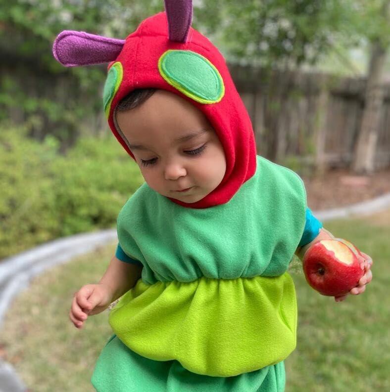 GINEVSAL GINEVSAL Baby Caterpillar Costume Infant Girl Boy Halloween Costume Sleeveless Hungry Hoodie Romper Cosplay Party Outfit (Green, 12-18 Months)