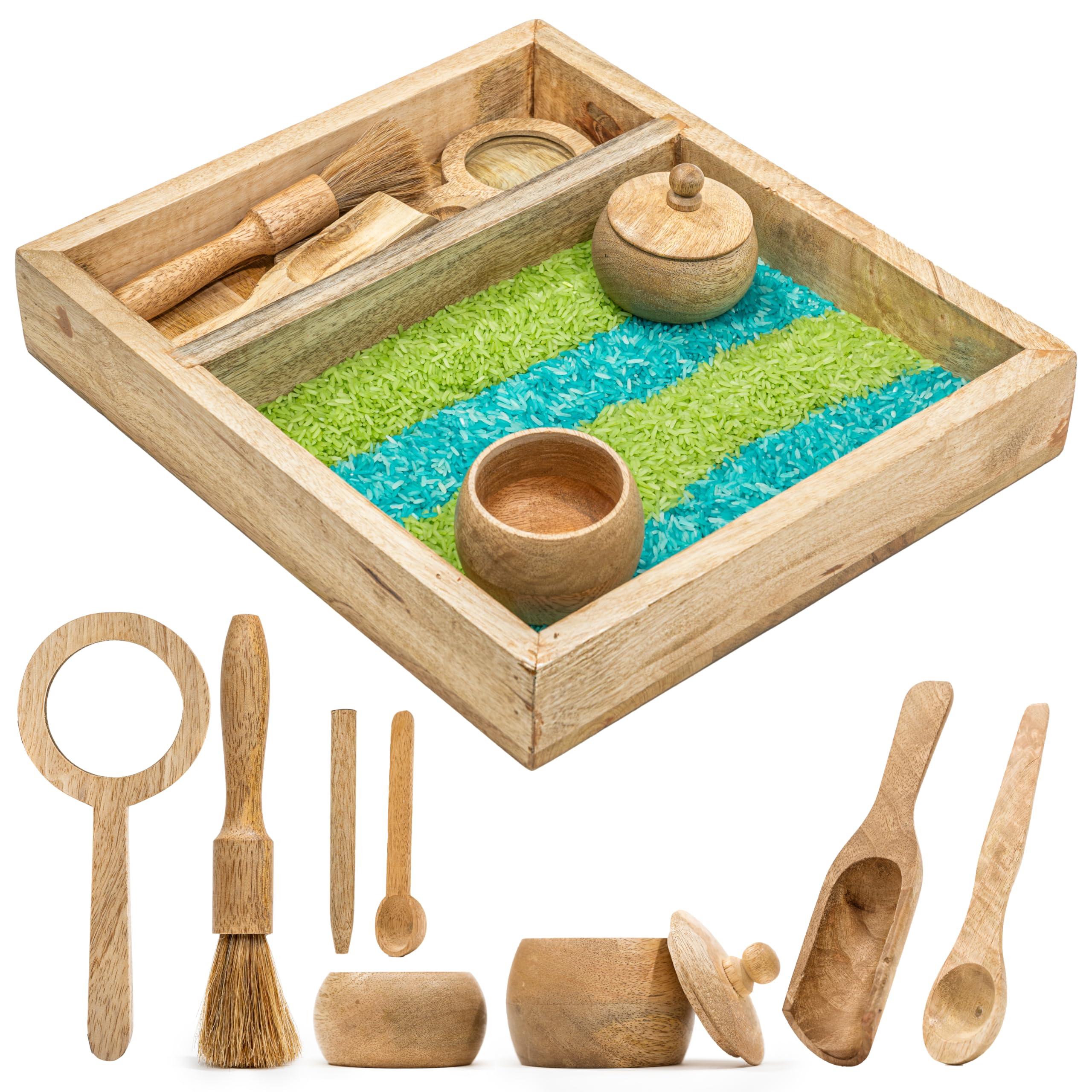 KOOKAROO KOOKAROO Sensory Play Bin - 9 Montessori Sensory Bin Tools + 1 Sensory Box - Sensory Table Toys - Waldorf Toys - Natural Play - Wooden Scoops - Toddler Sensory Toys - Sensory Bins for Toddlers 3-4