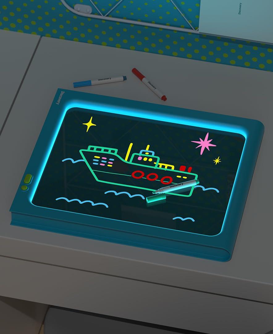 Discovery Kids Discovery Glow Easel Dual-Sided Art Station 34 Floor Standing Easel with Light Board, Whiteboard, 6 Neon Dry-Erase Markers| Detachable Drawing Tablet| Coloring Doodle Pad| Arts & Crafts for Kids