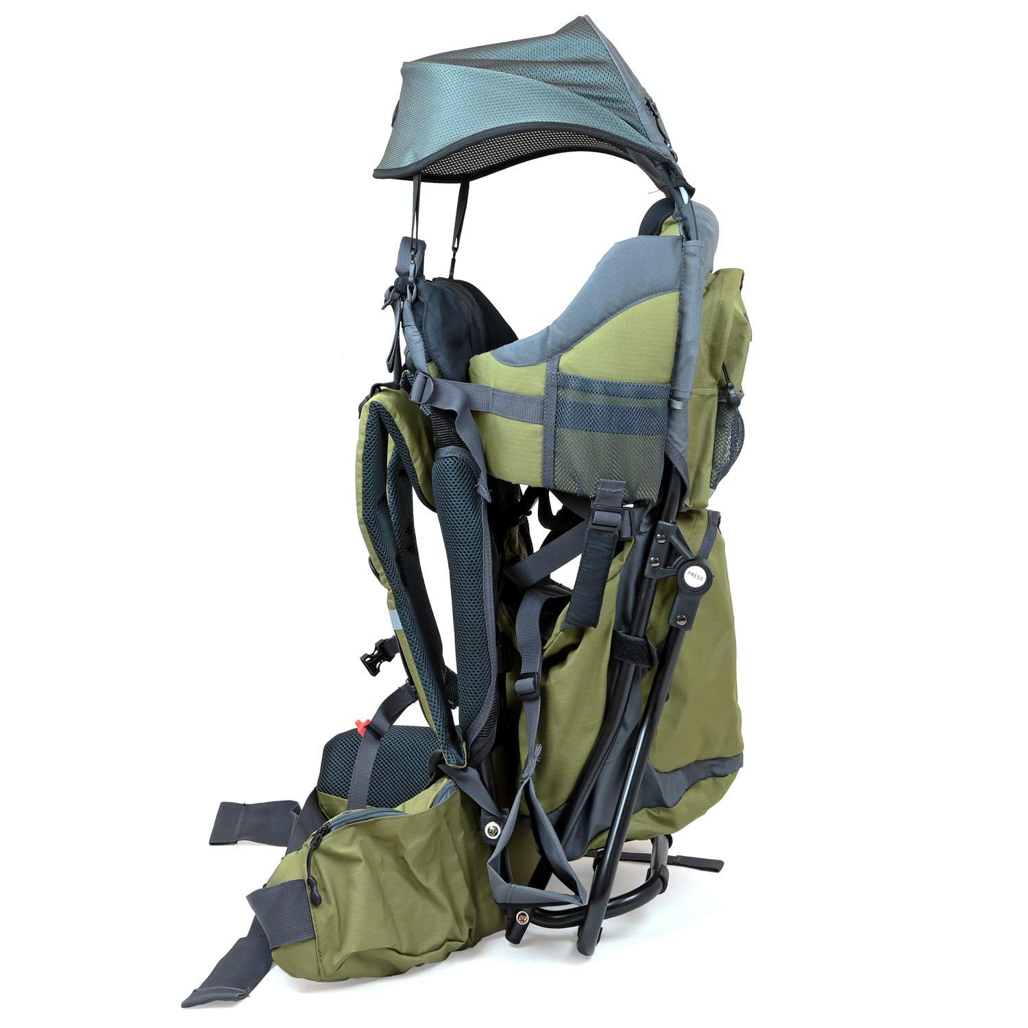 ClevrPlus ClevrPlus Canyonero Camping Baby Backpack Hiking Kid Toddler Child Carrier with Stand and Sun Shade Visor, Army Green