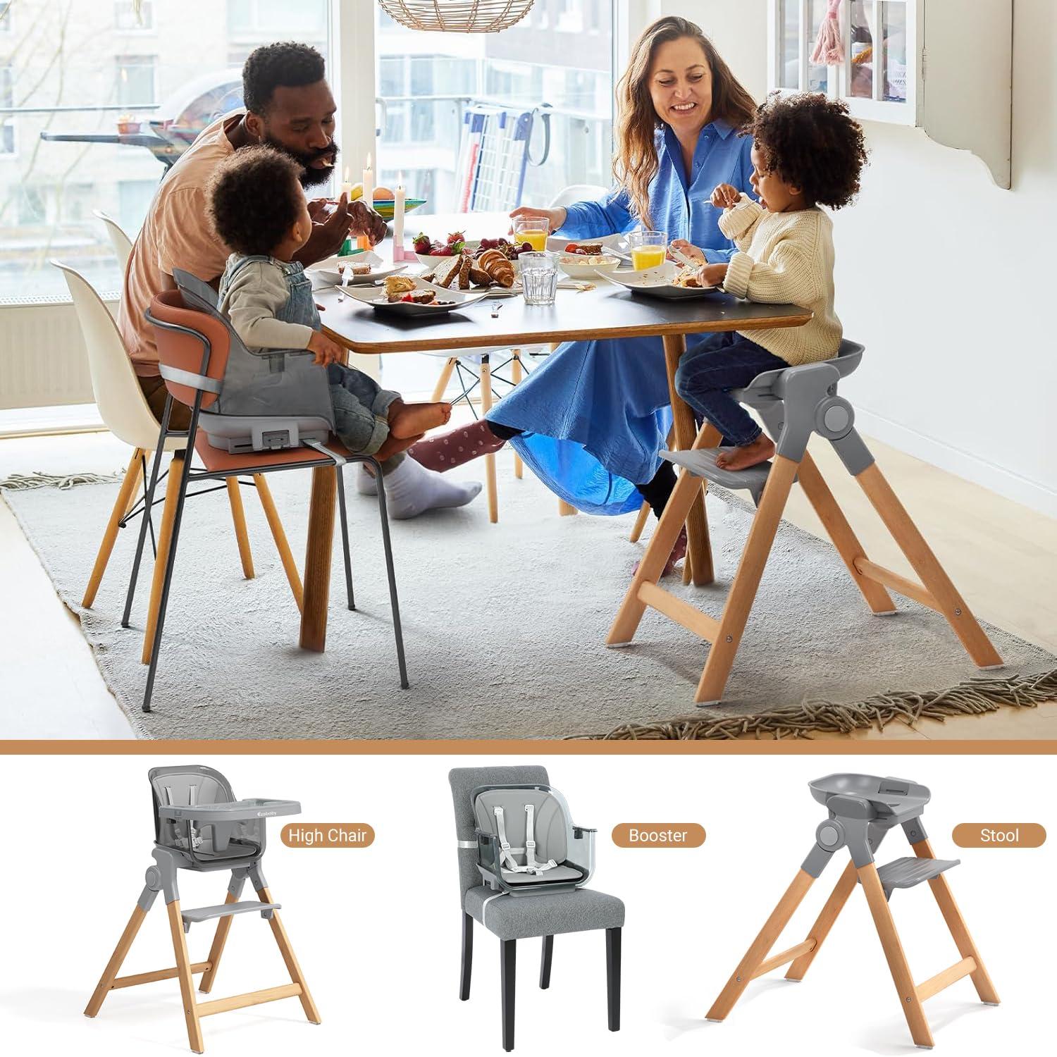 Ezebaby Ezebaby Foldable Wooden High Chairs, 3-in-1 Convertible Baby High Chair, Dining Booster Seat, Toddler Chair, Easy Clean High Chairs for Babies and Toddlers with Large Adjustable Tray- Transparent Gray