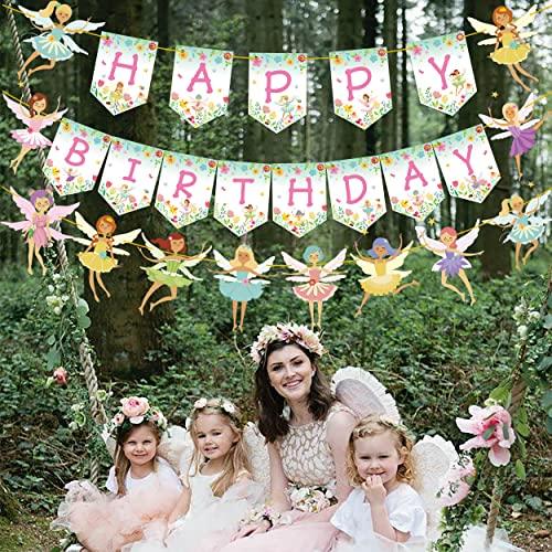 iPartyFun Fairy Birthday Party Decoration Flower Fairies Girls Birthday Banner Fairy Hanging Decoration Colorful Happy Birthday banner Fairy Party Favors Fairy Garden Decoration for Fairy Theme Birthday Party