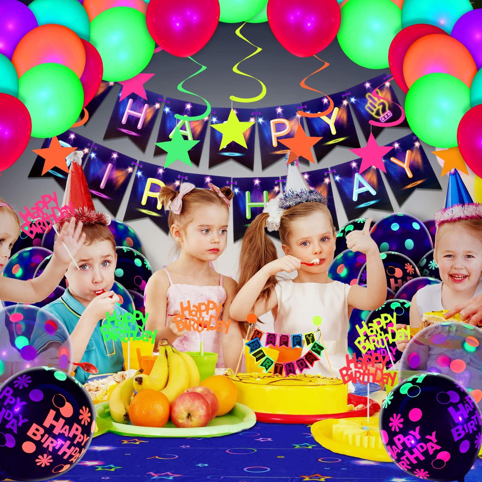 Zhanmai Zhanmai Neon Party Decorations Glow in the Dark Birthday Supplies Set Neon Balloons Fluorescent Happy Birthday Banner Tablecloth Blacklight Hanging Stars Cake Toppers for Glow Party Halloween Decor