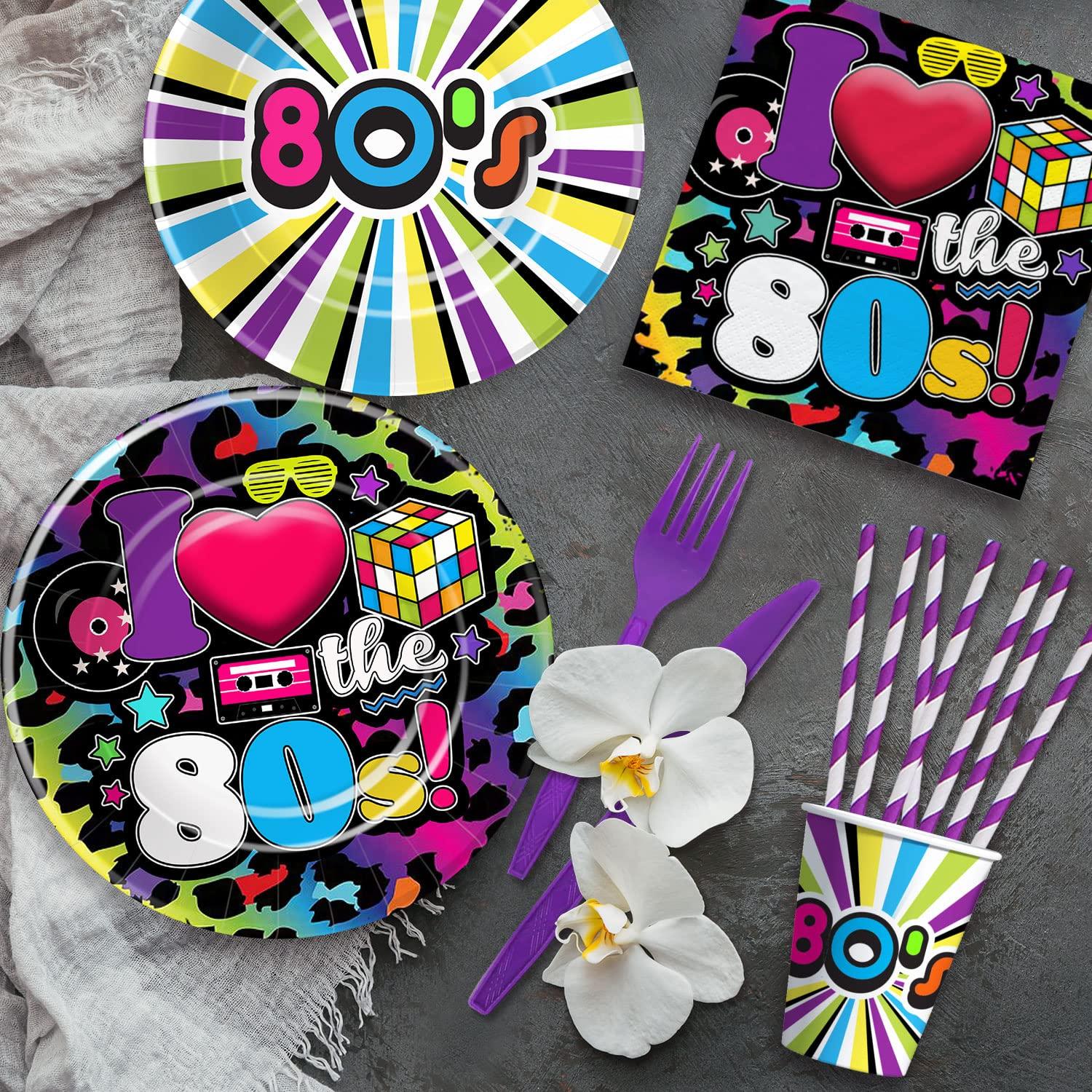 HIPVVILD HIPVVILD 80\'s Party Decorations Tableware - 80\'s Theme Party Supplies, 80s Decorations Dinnerware, Paper Plates, Napkins, Tablecloth, Forks, 80s Birthday Party Decorations and Supplies | Serve 24