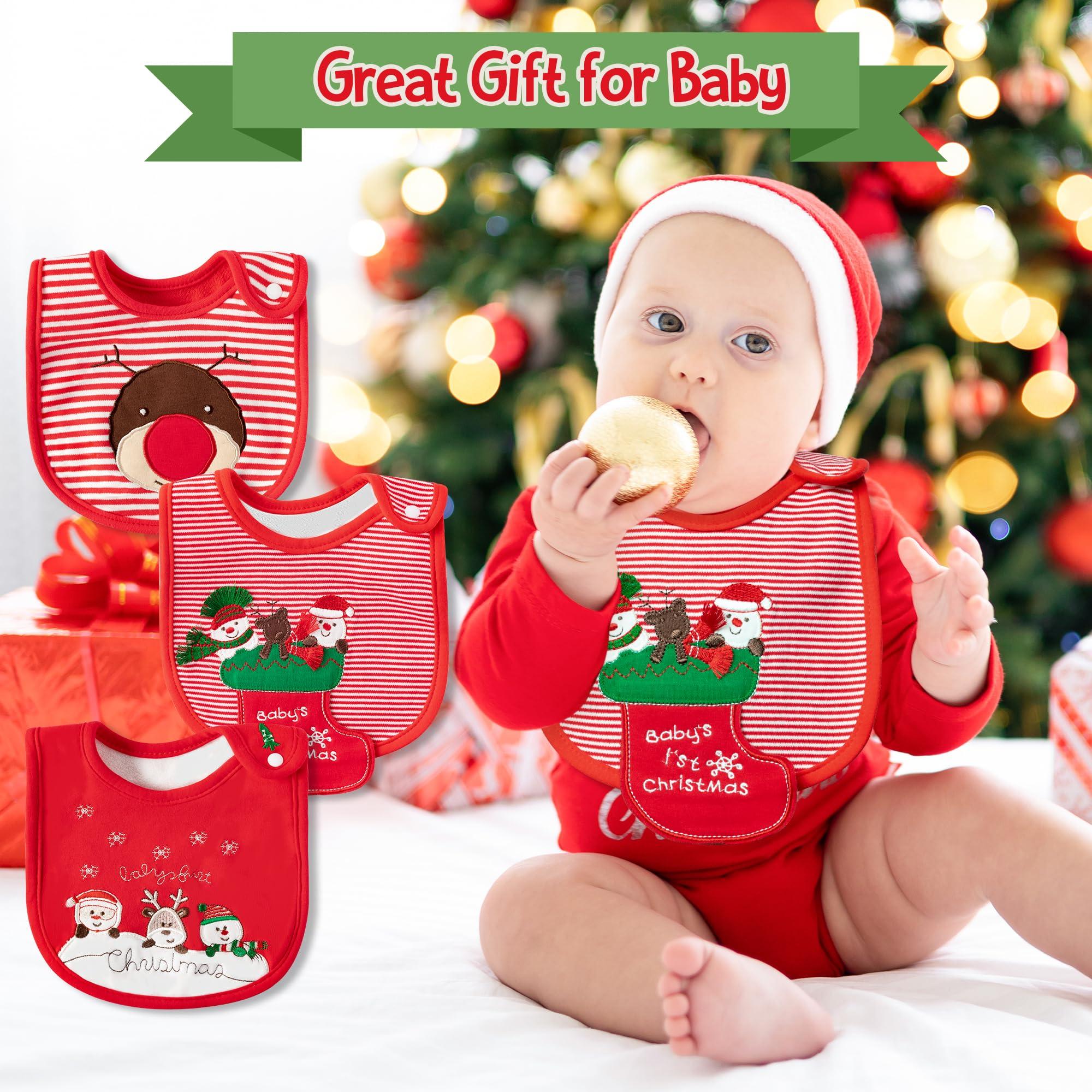 2ooya 3Pcs Christmas Baby Cotton Bib Infant Drooling Feeding Bibs with Resin Buttons Toddler Absorbable Bib Set Unisex Sock Pattern Newborn Baby Food Bibs Baby Gift Photo Props for Christmas(6-12 months)