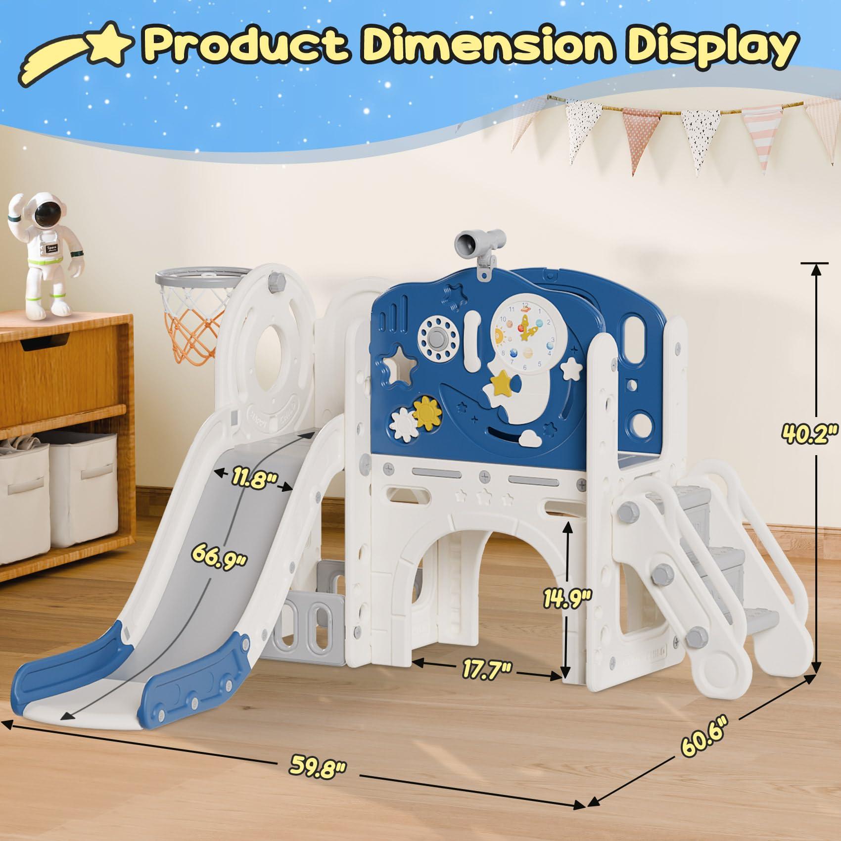 BIERUM BIERUM 10 in 1 Toddler Slide, Astronaut Themed Baby Slide for Toddlers Aged 1-3, with Astronaut Design, Phone Call Design and Basketball Hoop, Toddler Playset Toddler Playground Blue Gray