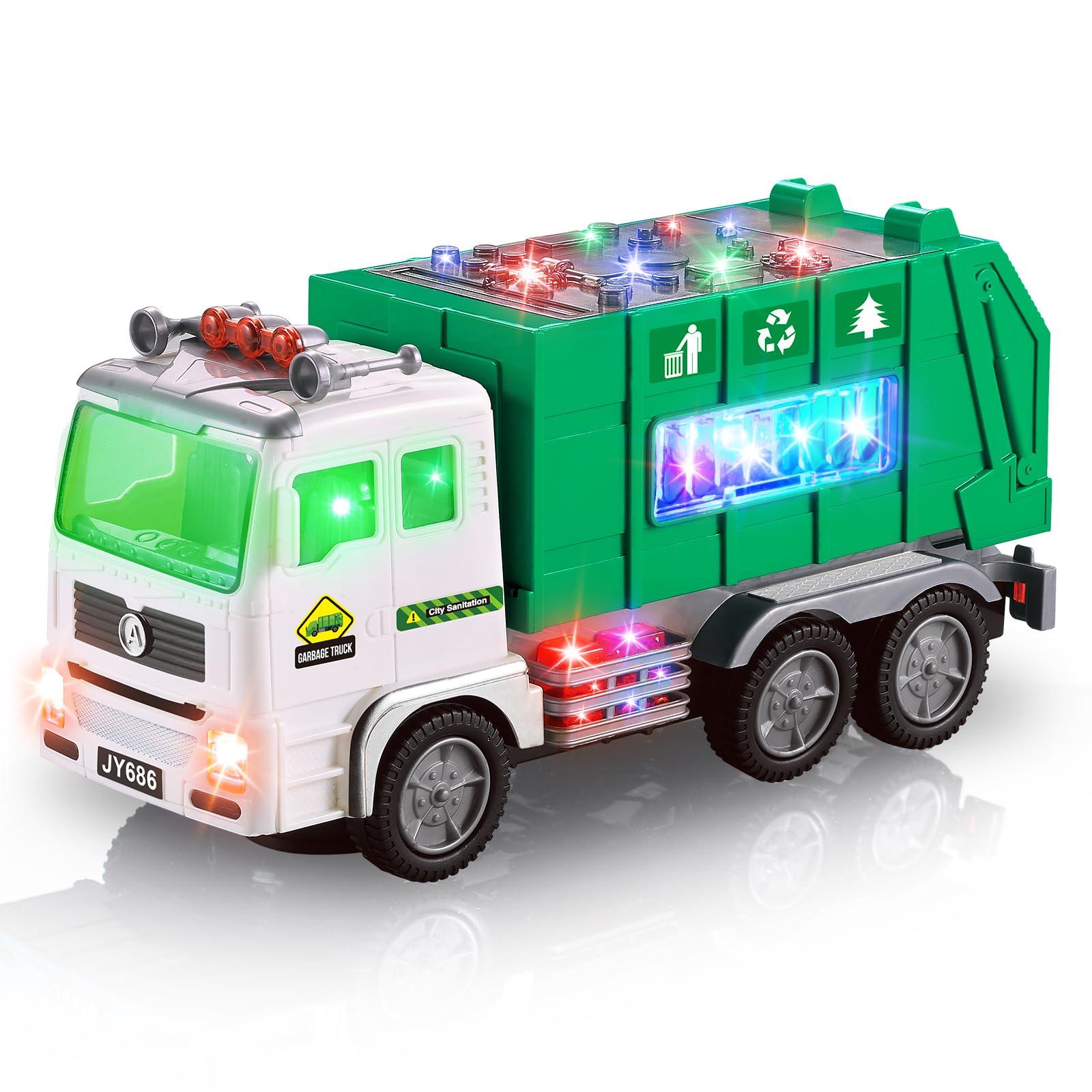 Ynanimery Toy Garbage Truck & Fire Truck & Construction Excavator Toys & Container Truck Toy Cars for Toddlers Boys 1-3 4-7 Birthday Gifts, Truck Car Toys with 4D Lights & Music- Automatic Bump Go Garbage Truck