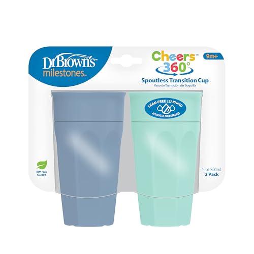 Dr. Brown's Dr. Brown's Milestones Cheers 360 Training Cup for Toddlers & Babies, Leak-Free Sippy Cup, Blue/Aqua, 10oz/300mL, 9m+, 2 Pack (Colors May Vary)