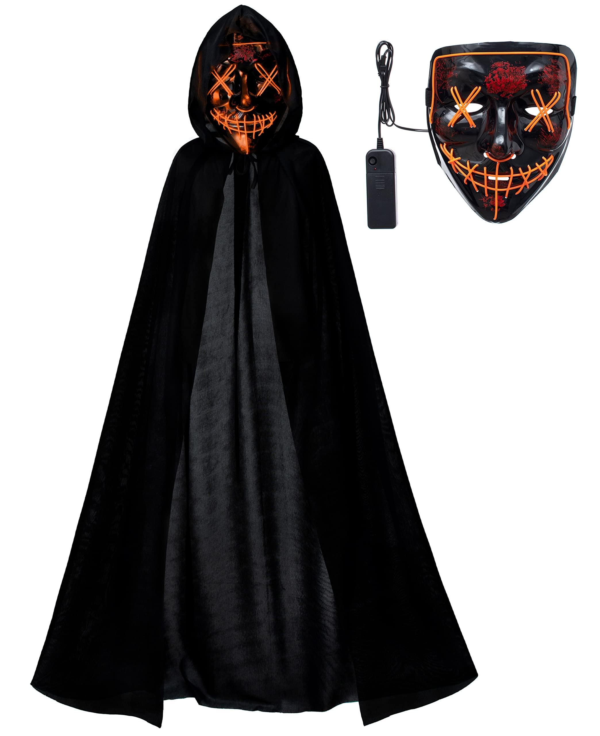 Joy Join Kids Full Length Hooded Velvet Cloak Halloween Cape Costumes with Orange LED Light up Scary Mask (35\"/90cm)
