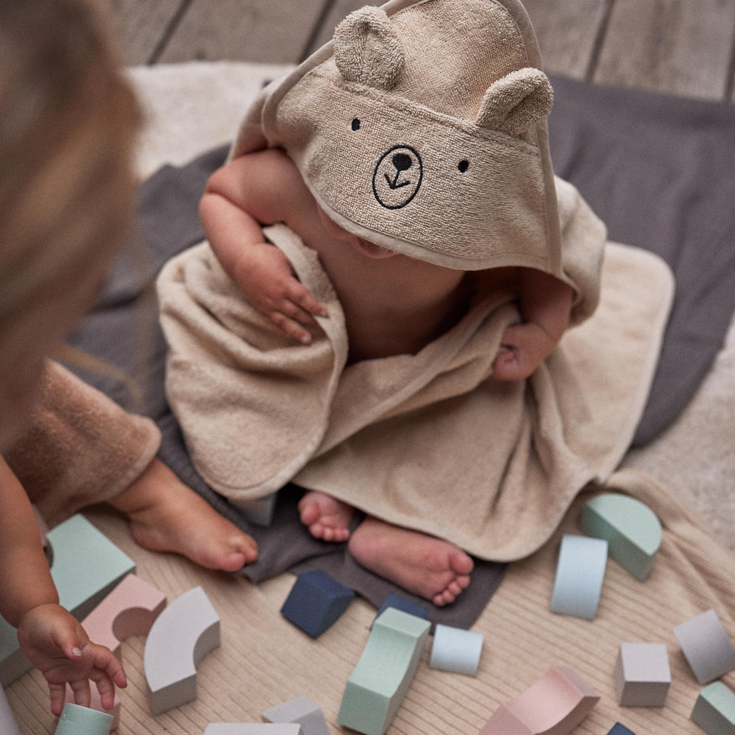 Huxie Baby Hooded Towel Organic Cotton Baby Bath Towels, 32" x 32" Super-Soft and Absorbent Baby Towels for Newborn 2-Pack (Rabbit Blush/Bear Fog)
