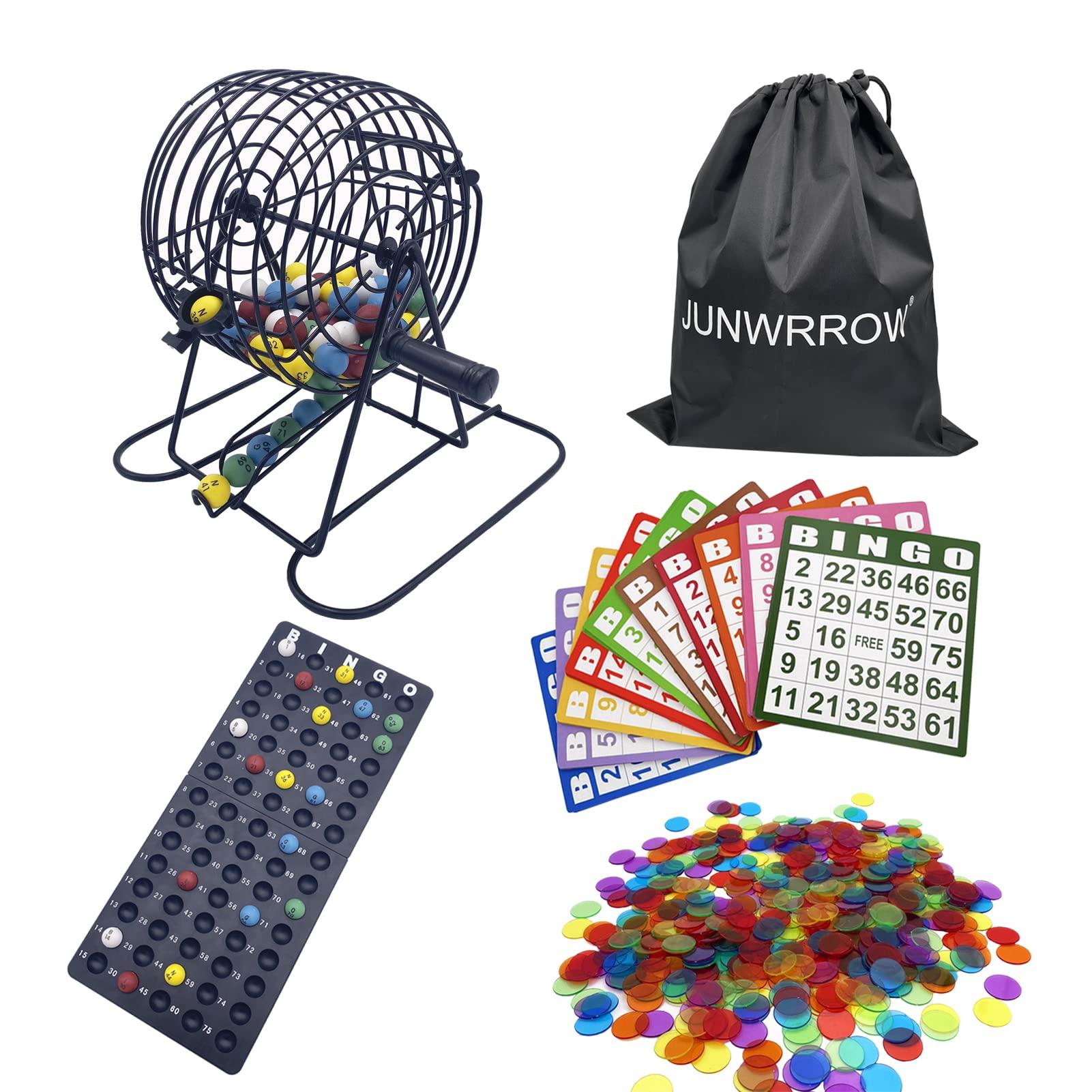 JUNWRROW JUNWRROW Deluxe Bingo Set- Includes 1000 Colorful Chips with a Bag,100 Mixed Cards,75 Calling Balls with a Bag, 6 Inch Rotary Bingo Cage& Bingo Master Board,Bingo Storage Bag -Ideal for Large Groups