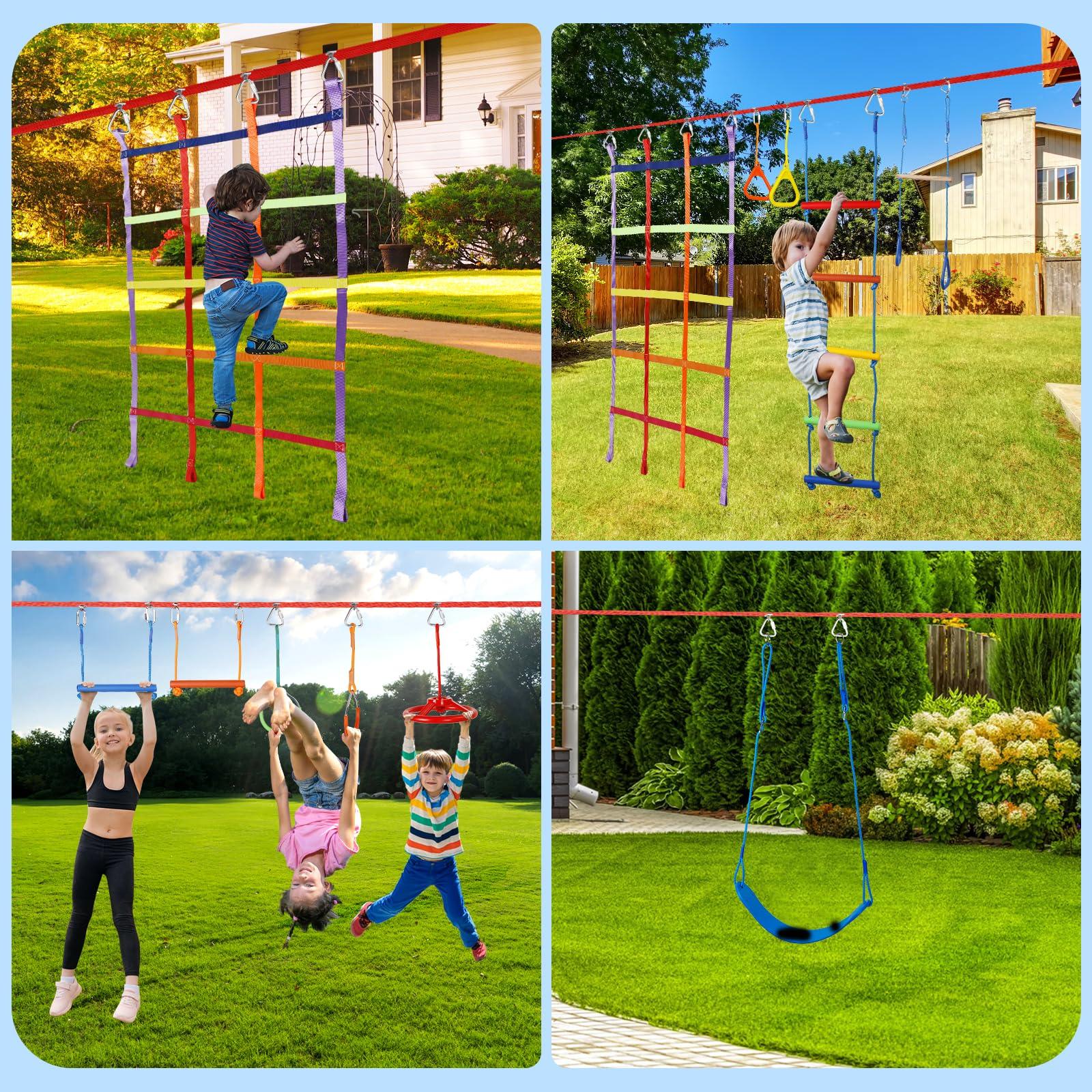 ITEFDTUTNE 50ft Ninja Warrior Obstacle Course for Kids with Swing, Ninja Course for Kids Outside with 11 Accessories--Swing Set, Trapeze Swing, Climbing Net, Rope Ladder, Outdoor Playset with Monkey Bars