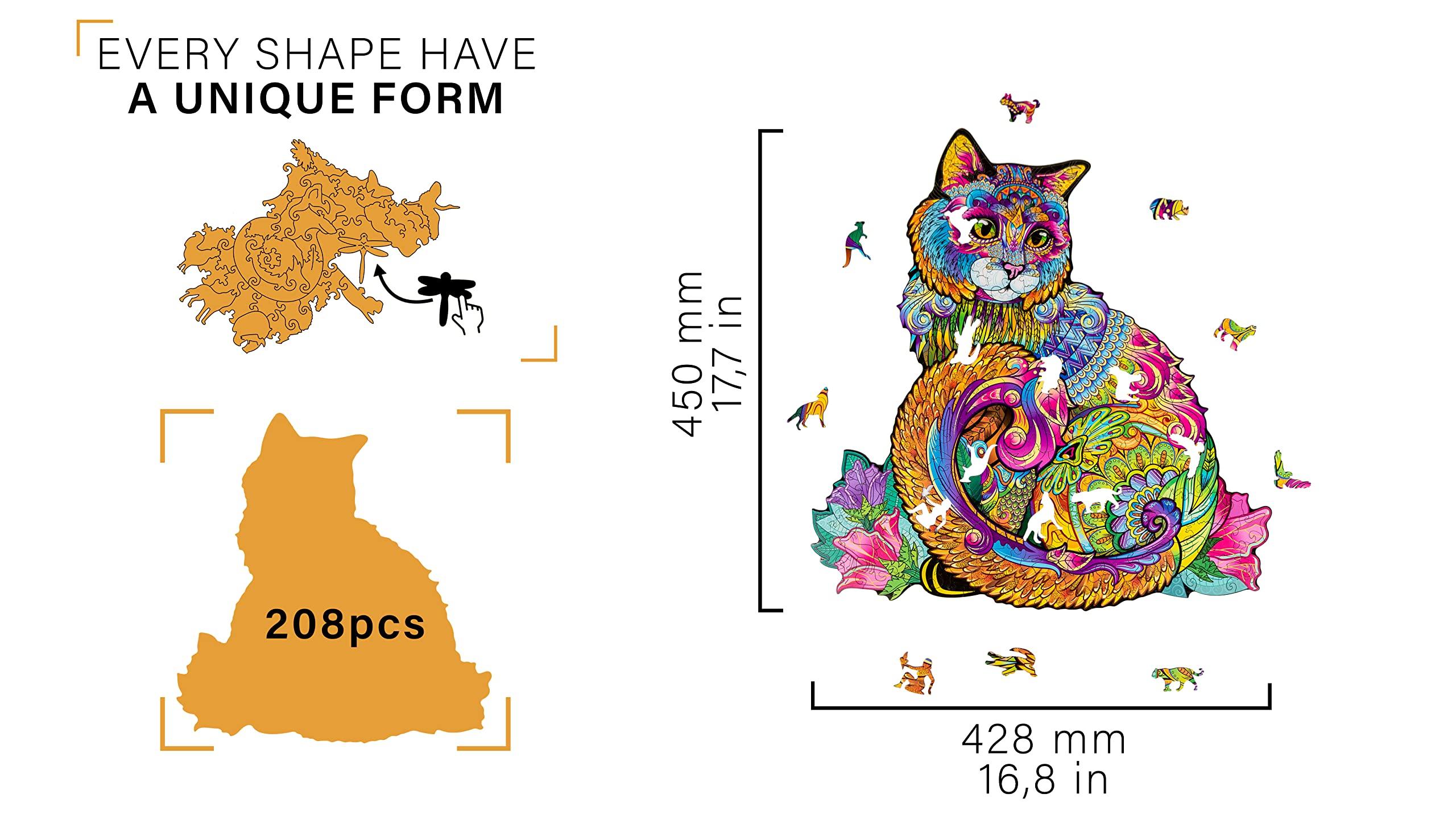 Woodvio WOODVIO - Wooden Jigsaw Puzzle for Adults and Kids - Cat, Animal-Shaped Fantasy Puzzle, 208 Unique Shaped Pieces, Size King (17.7\" x 16.9\")