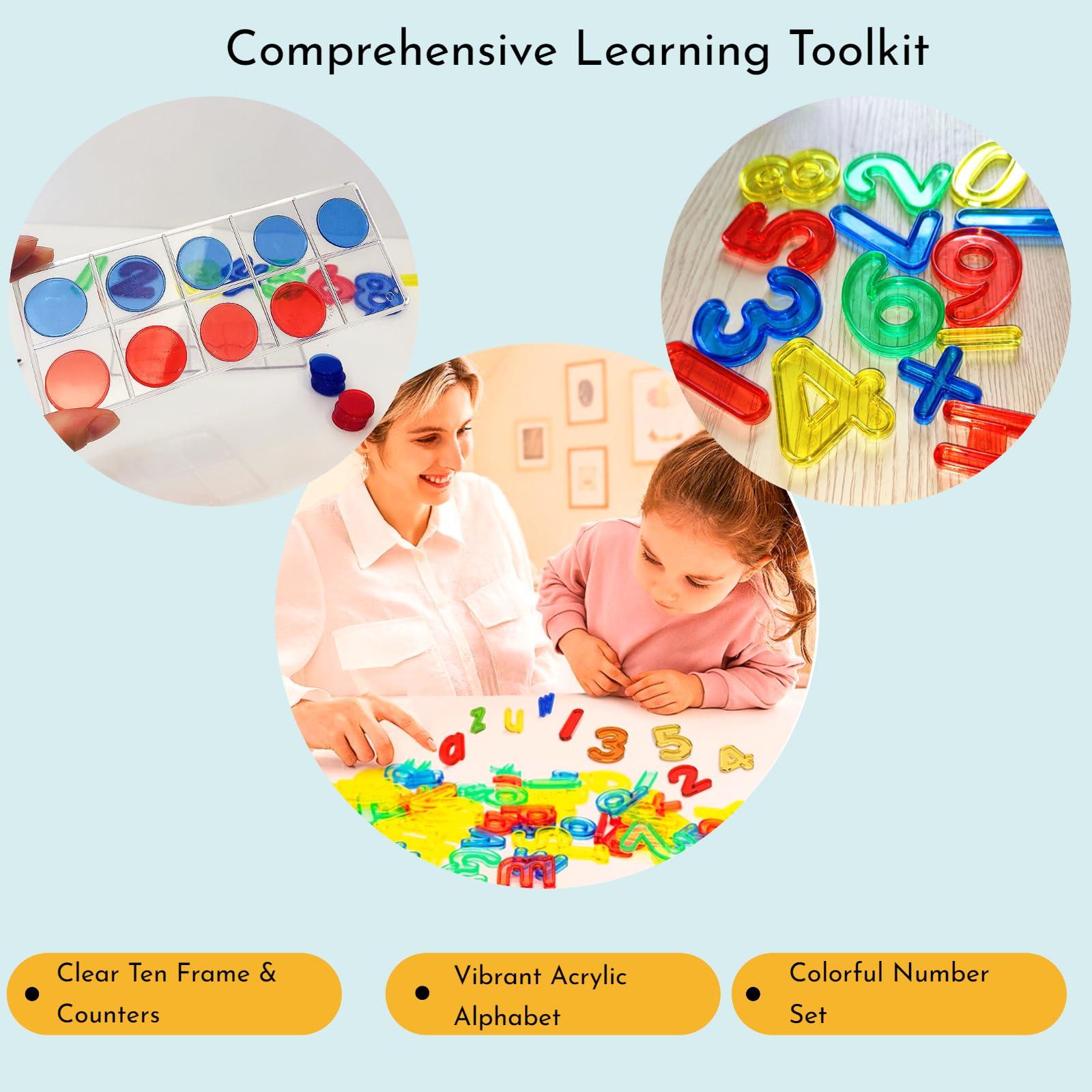 NNHOM 85 Pcs Colorful Plastic Letters and Numbers Set,Transparent Light Table Manipulatives Alphabet Letters,Include 52 Letters,10 Numbers,Ten Frame & Counters.Ideal for Toddler Spelling,Counting